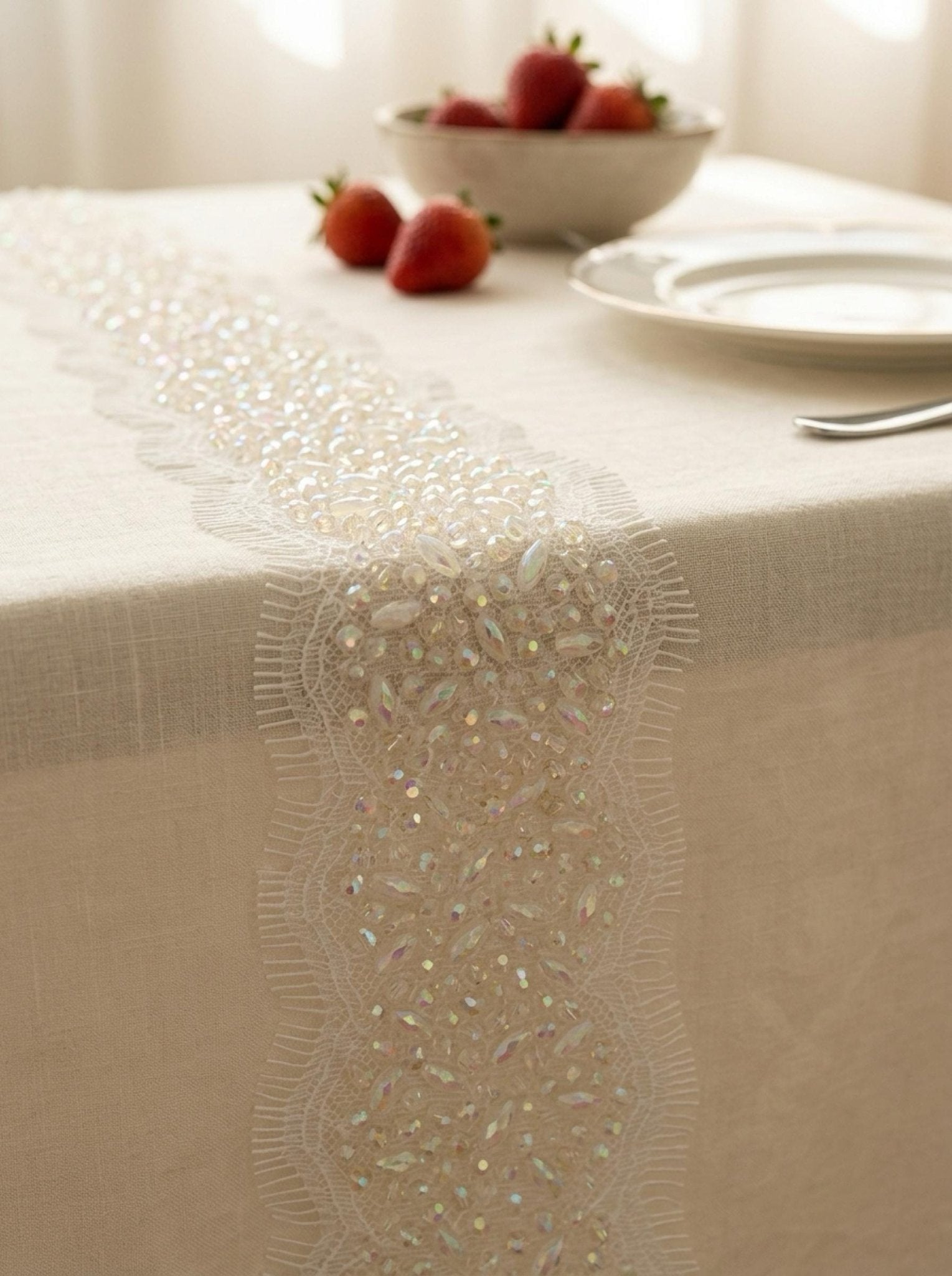 Bridal Beaded Lace Trim, Faceted Oval and Barrel Crystal Trim by the Yard, Rhinestone Wedding Dress Trim, Couture Applique - Made in USA - Faraj Beading