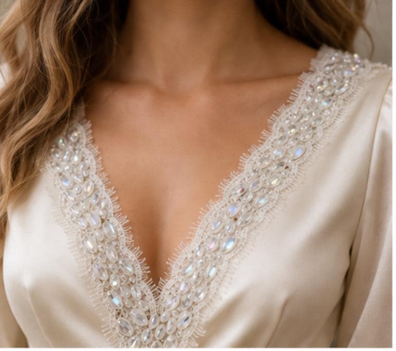 Bridal Lace Beaded Trim, Crystal Rhinestone Applique Trim by the Yard, Wedding Dress Trim, Couture Sewing Embellishment and Self Adhesive - Faraj Beading
