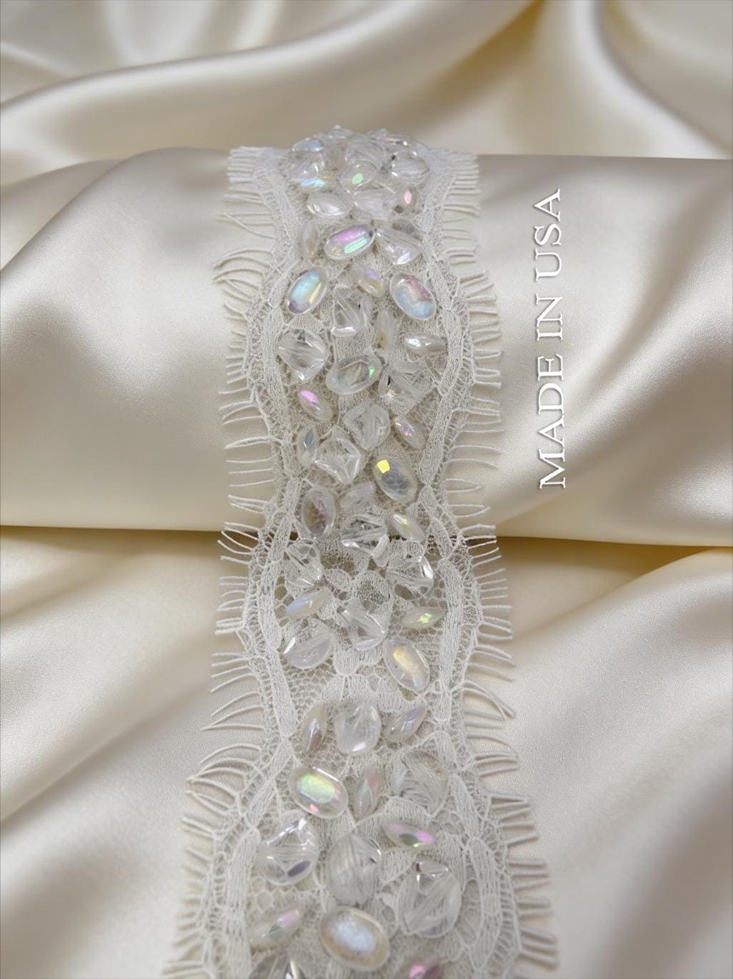 Bridal Lace Beaded Trim, Crystal Rhinestone Applique Trim by the Yard, Wedding Dress Trim, Couture Sewing Embellishment and Self Adhesive - Faraj Beading