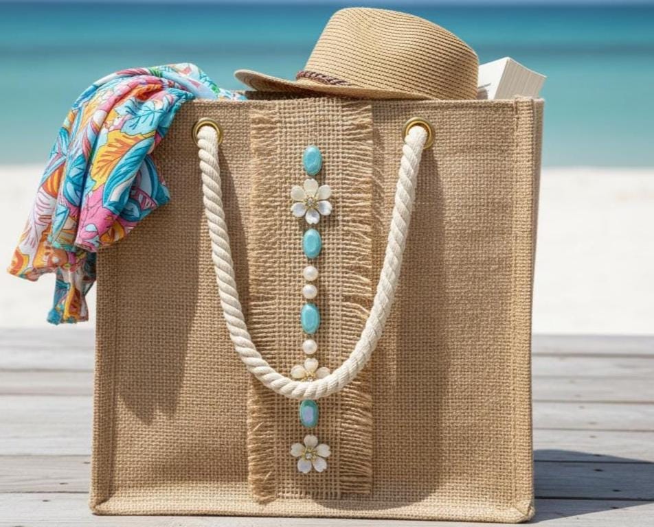 Burlap Boho Beaded tropical Trim with Turquoise, Pearl & Floral Rhinestone – Self Adhesive or Sew - On Seam Allowance – Rustic Trim - Faraj Beading