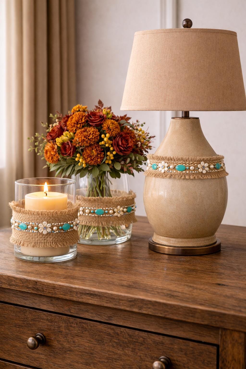 Burlap Boho Beaded tropical Trim with Turquoise, Pearl & Floral Rhinestone – Self Adhesive or Sew - On Seam Allowance – Rustic Trim - Faraj Beading