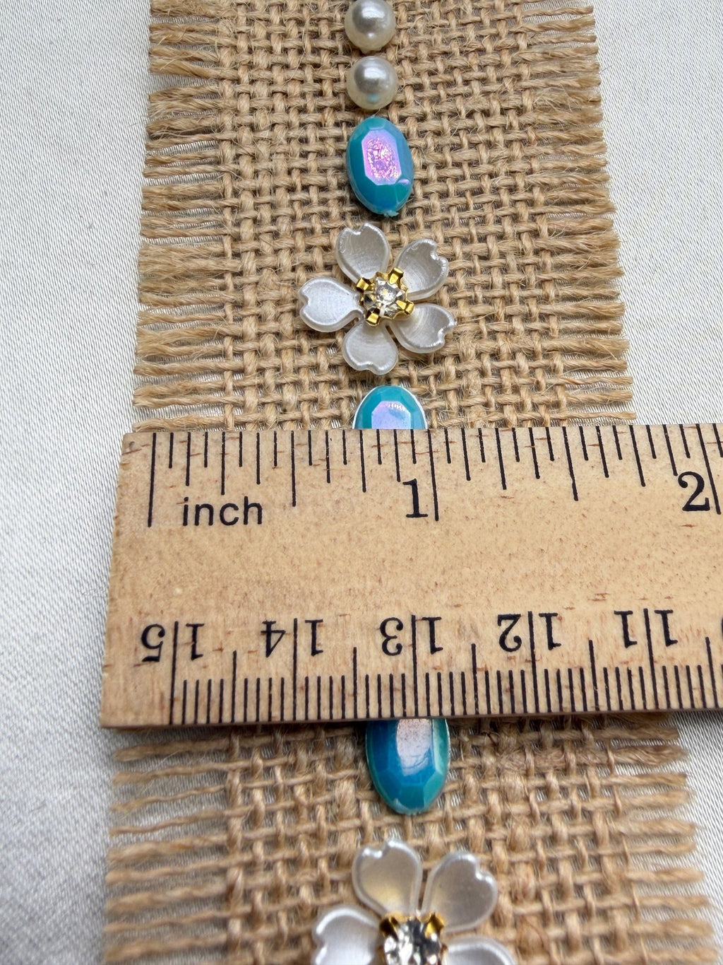Burlap Boho Beaded tropical Trim with Turquoise, Pearl & Floral Rhinestone – Self Adhesive or Sew - On Seam Allowance – Rustic Trim - Faraj Beading