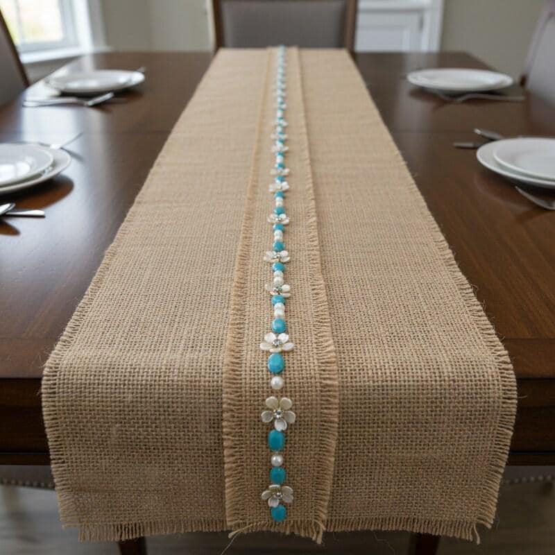 Burlap Boho Beaded tropical Trim with Turquoise, Pearl & Floral Rhinestone – Self Adhesive or Sew - On Seam Allowance – Rustic Trim - Faraj Beading