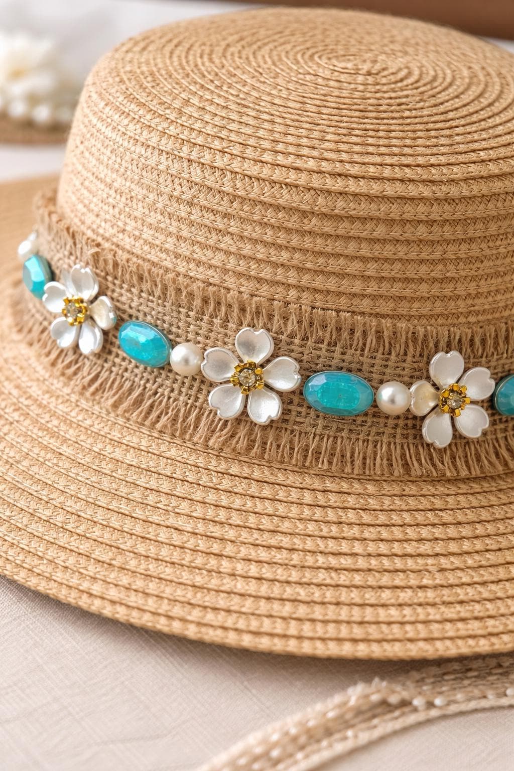 Burlap Boho Beaded tropical Trim with Turquoise, Pearl & Floral Rhinestone – Self Adhesive or Sew - On Seam Allowance – Rustic Trim - Faraj Beading