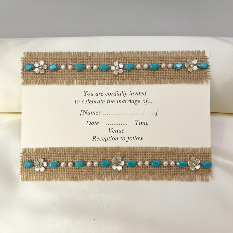 Burlap Boho Beaded tropical Trim with Turquoise, Pearl & Floral Rhinestone – Self Adhesive or Sew - On Seam Allowance – Rustic Trim - Faraj Beading