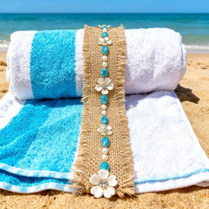 Burlap Boho Beaded tropical Trim with Turquoise, Pearl & Floral Rhinestone – Self Adhesive or Sew - On Seam Allowance – Rustic Trim - Faraj Beading