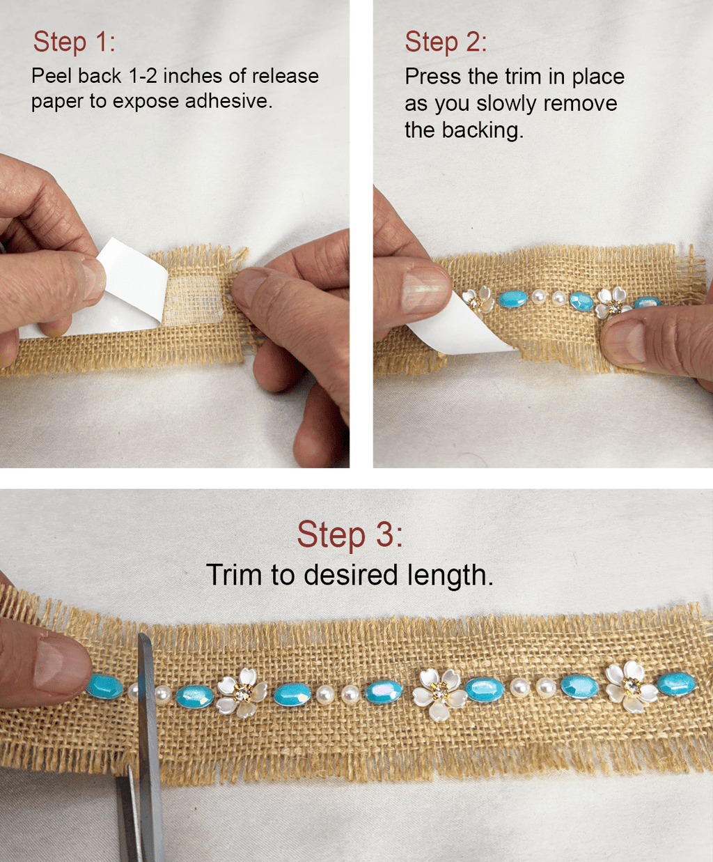Burlap Boho Beaded tropical Trim with Turquoise, Pearl & Floral Rhinestone – Self Adhesive or Sew - On Seam Allowance – Rustic Trim - Faraj Beading