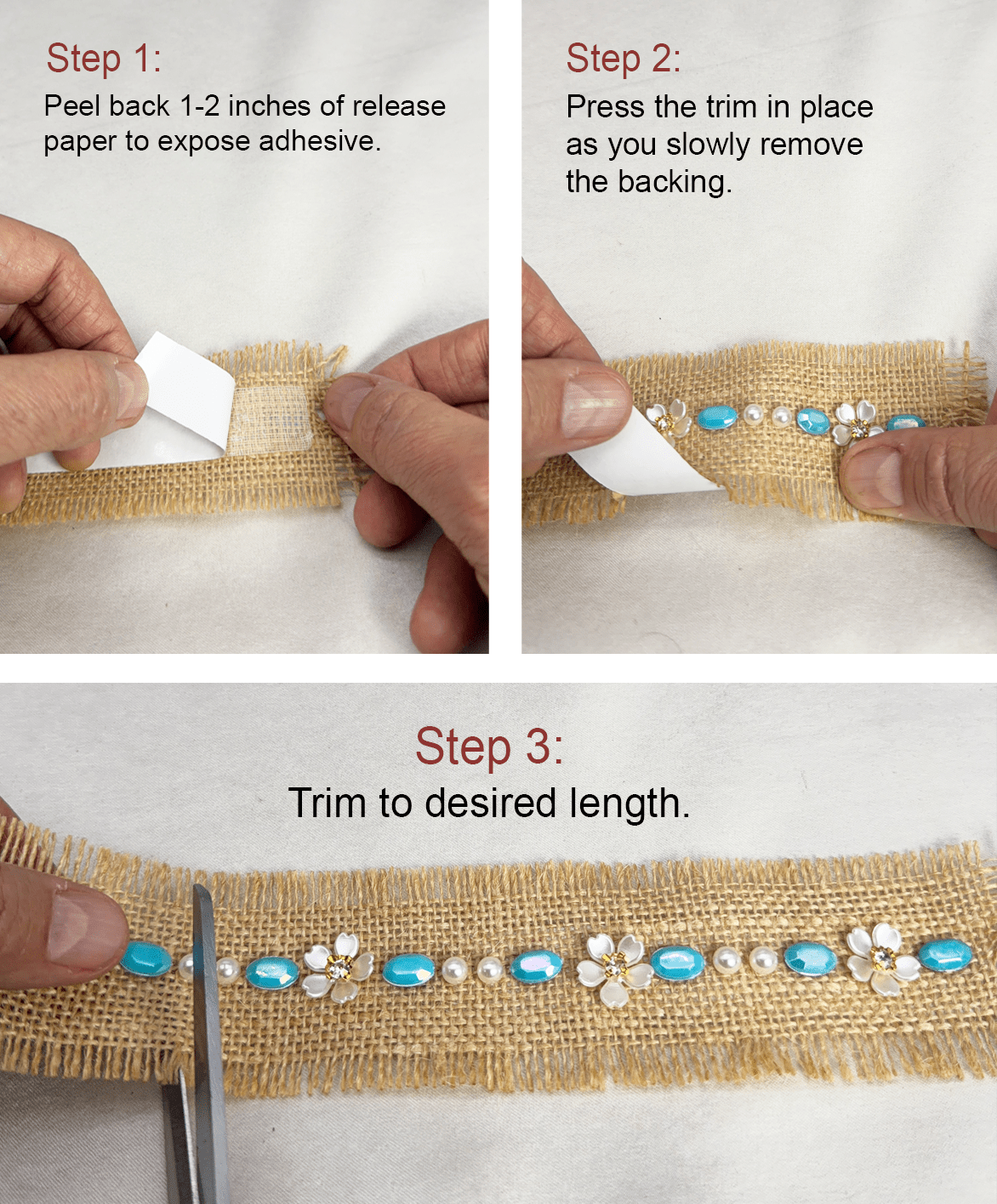 Burlap Boho Beaded tropical Trim with Turquoise, Pearl & Floral Rhinestone – Self Adhesive or Sew - On Seam Allowance – Rustic Trim - Faraj Beading