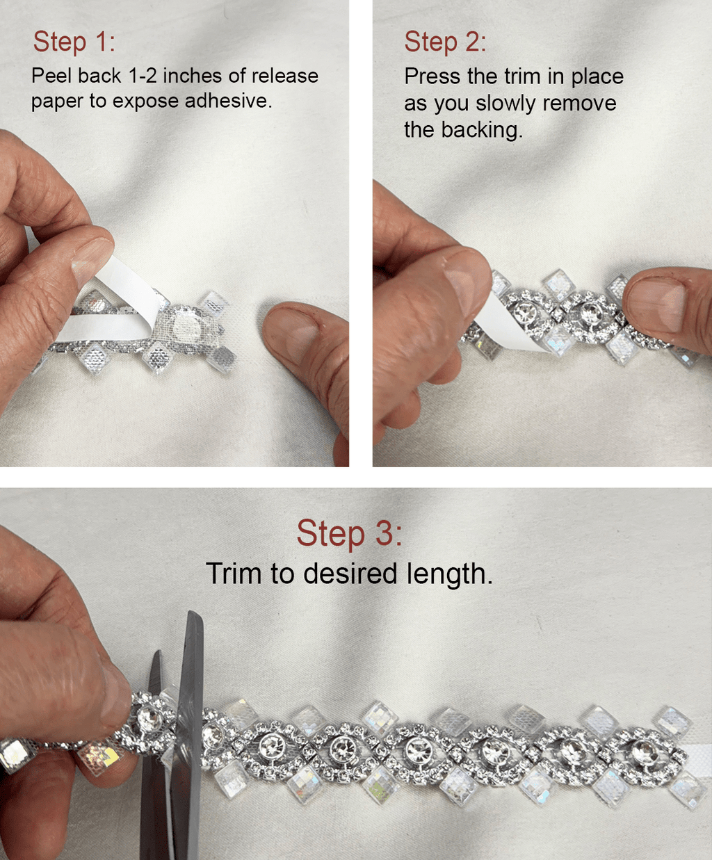 Crystal Rhinestone Trim – Self Adhesive Bridal Trim, Iridescent Beaded Trim, Peel and Stick Wedding Dress Applique, Sew or Stick Option - Faraj Beading