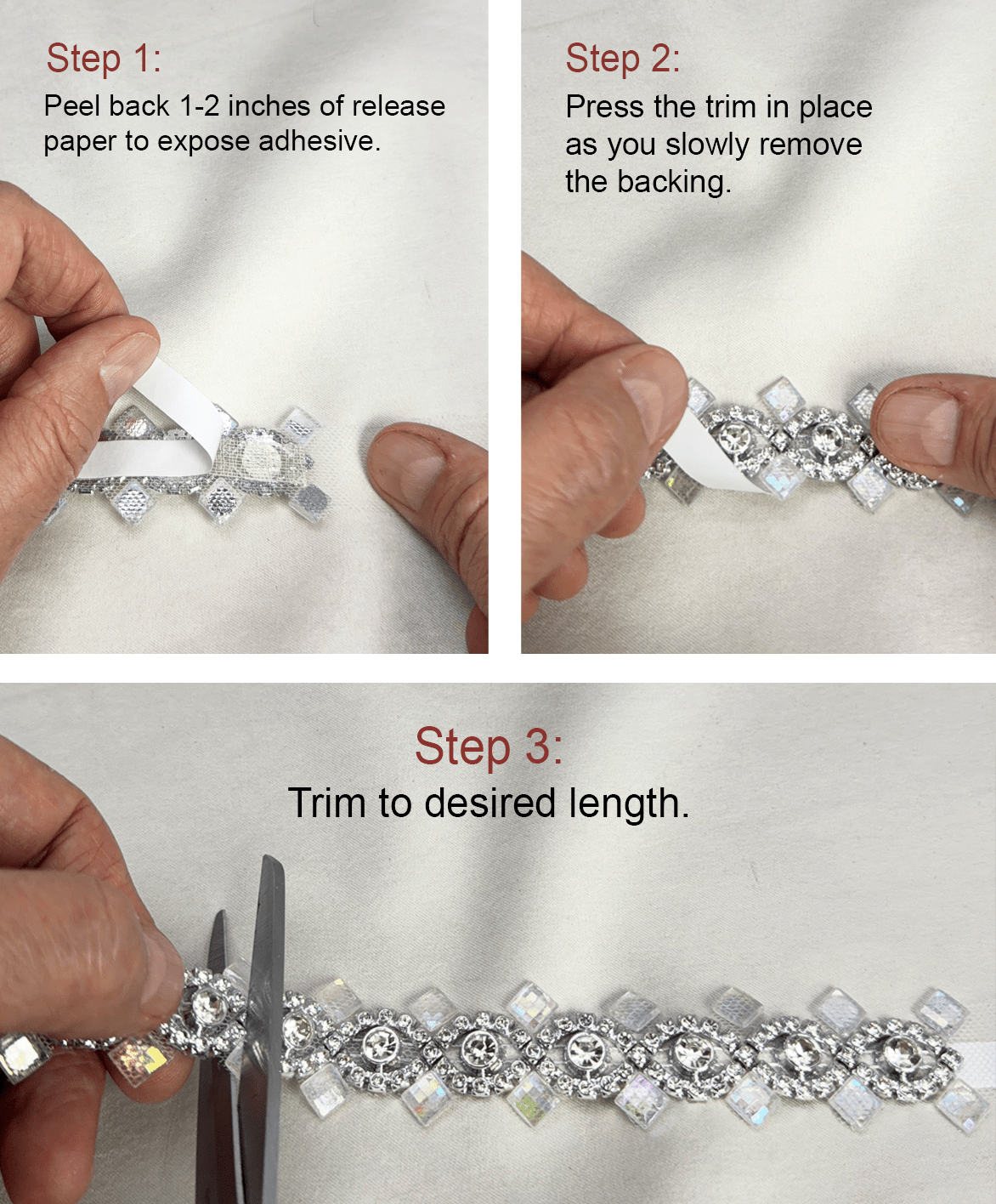 Crystal Rhinestone Trim – Self Adhesive Bridal Trim, Iridescent Beaded Trim, Peel and Stick Wedding Dress Applique, Sew or Stick Option - Faraj Beading