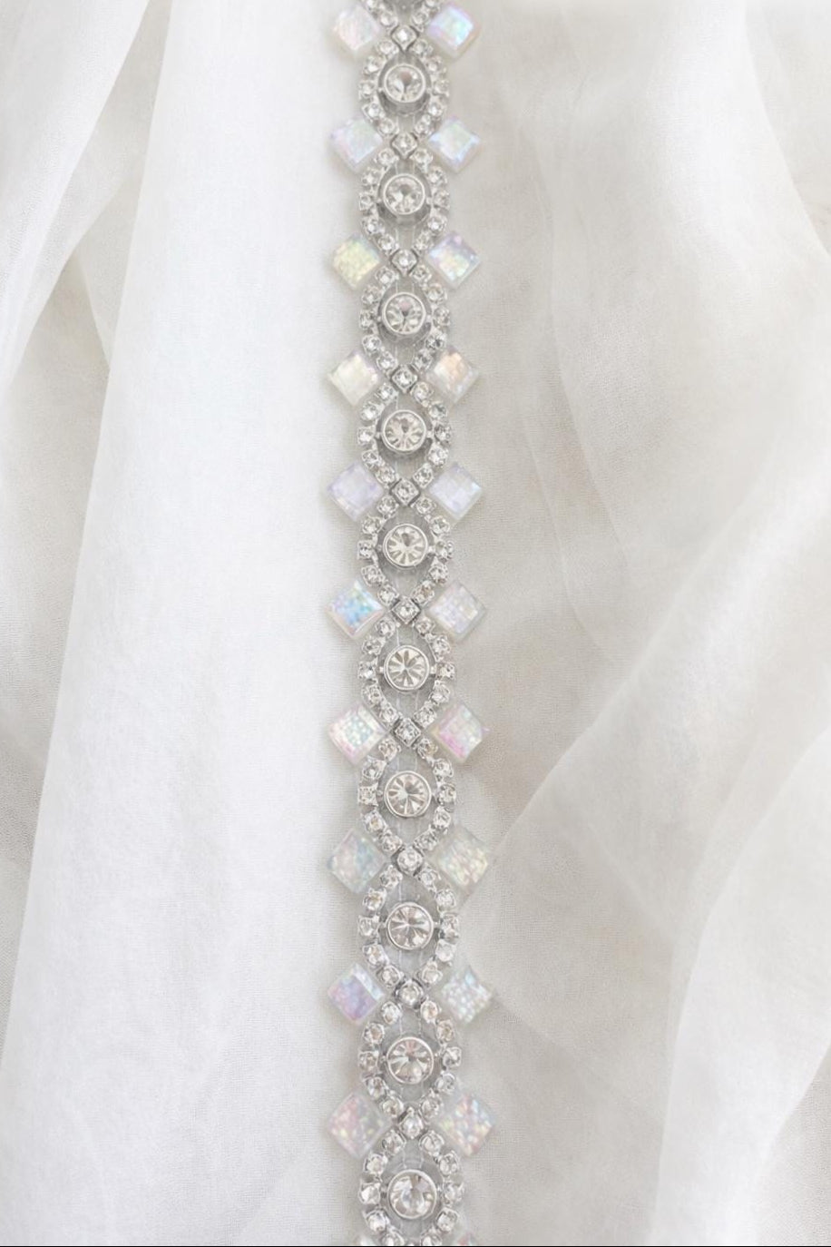 Crystal Rhinestone Trim – Self Adhesive Bridal Trim, Iridescent Beaded Trim, Peel and Stick Wedding Dress Applique, Sew or Stick Option - Faraj Beading
