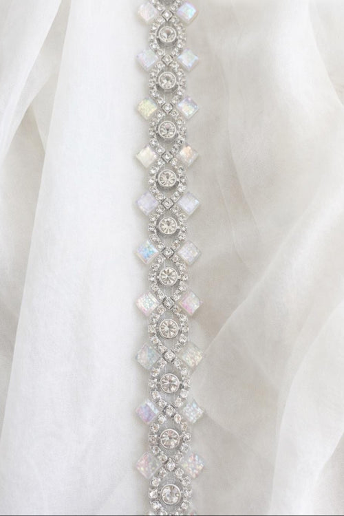 Crystal Rhinestone Trim – Self Adhesive Bridal Trim, Iridescent Beaded Trim, Peel and Stick Wedding Dress Applique, Sew or Stick Option - Faraj Beading