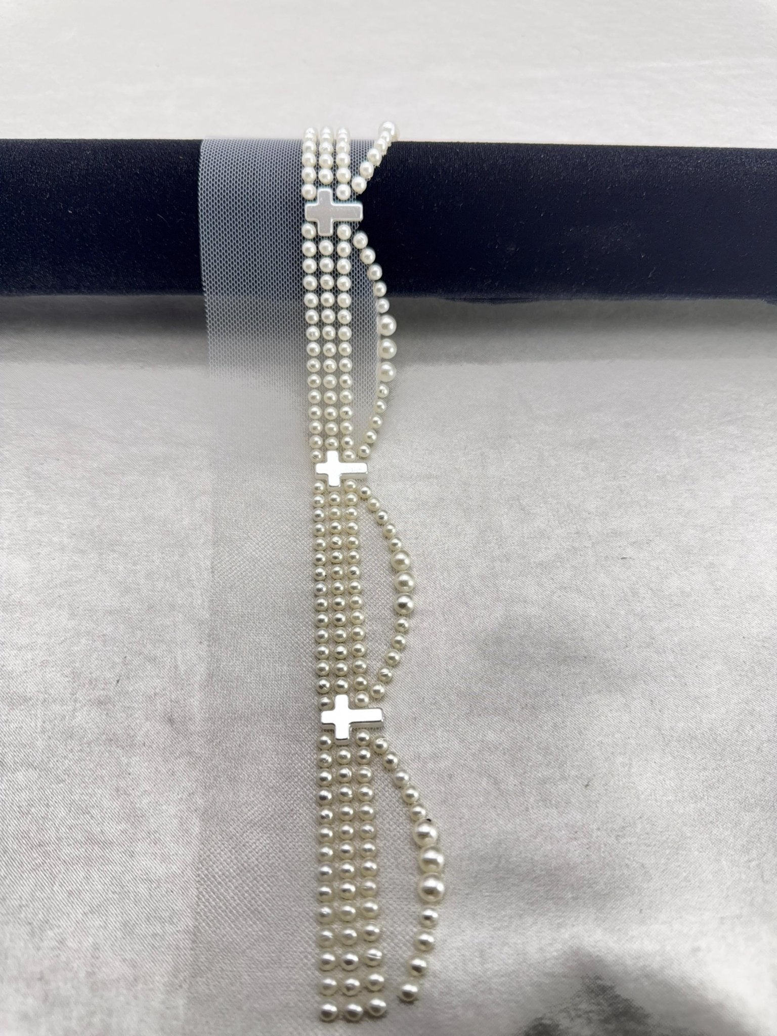 Faux Pearl Cross and scallops Trim – Self Adhesive Pearl Lace For Baptism, Communion Dress, and religious events trim. Made in USA - Faraj Beading
