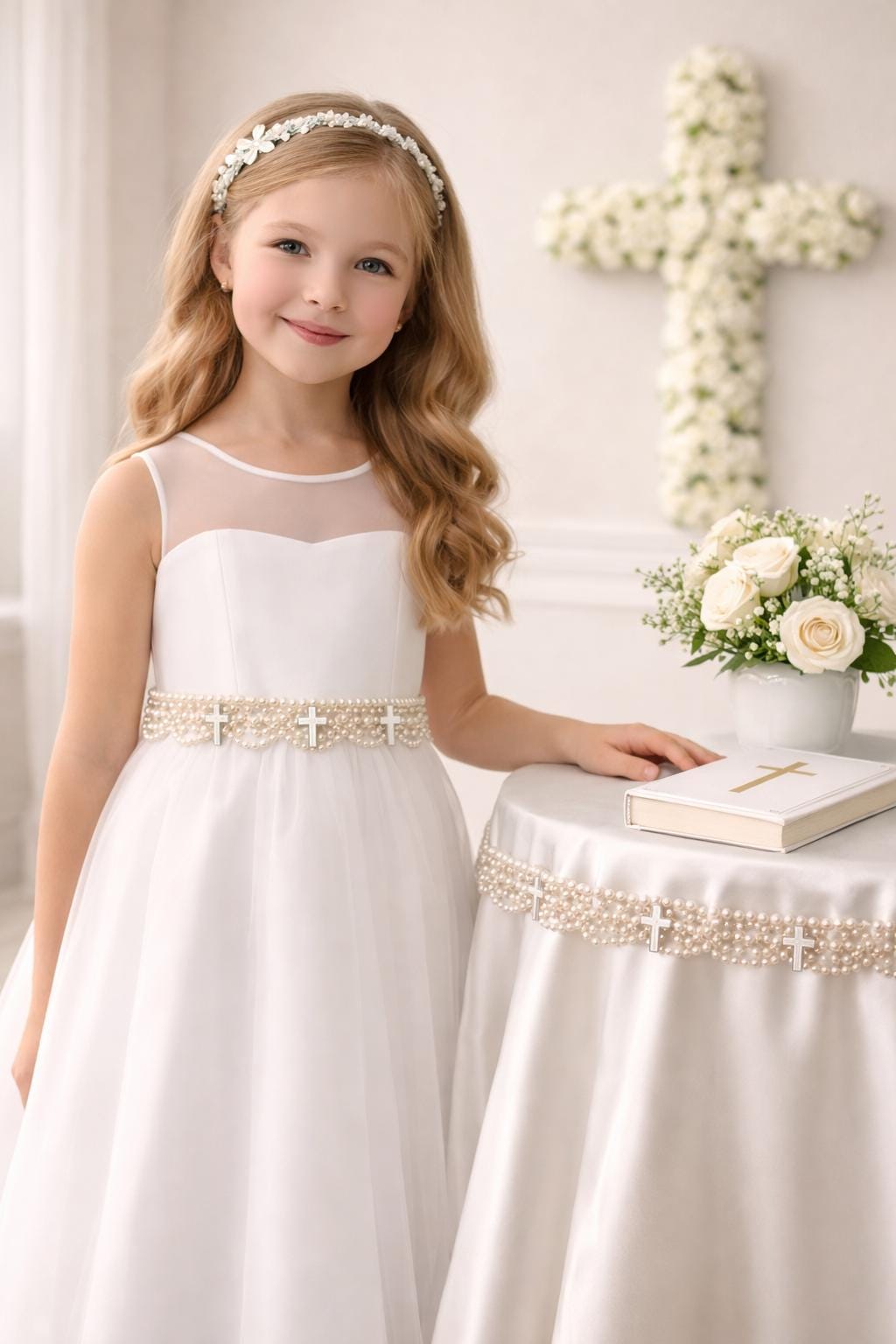 Faux Pearl Cross and scallops Trim – Self Adhesive Pearl Lace For Baptism, Communion Dress, and religious events trim. Made in USA - Faraj Beading