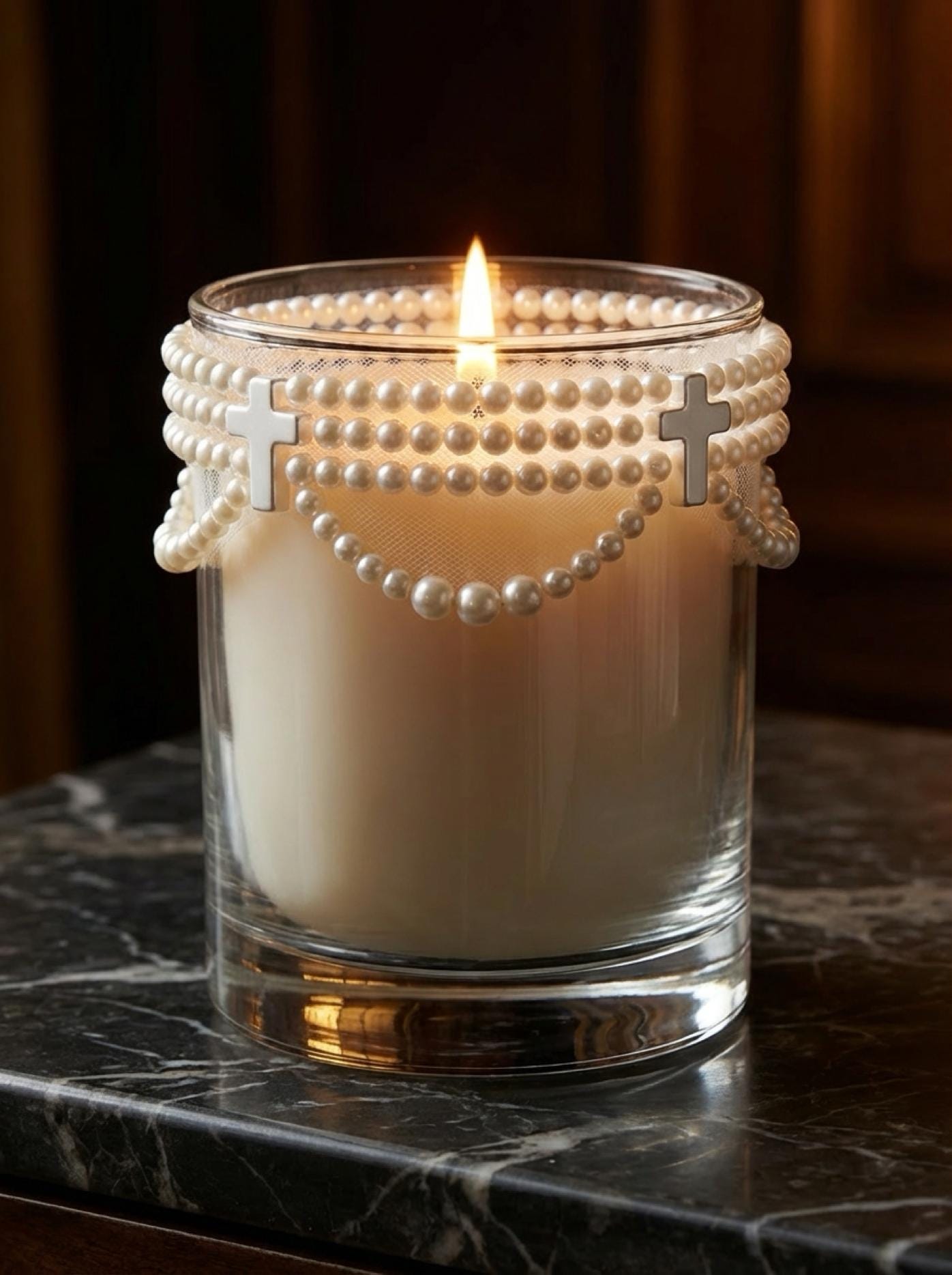 Faux Pearl Cross and scallops Trim – Self Adhesive Pearl Lace For Baptism, Communion Dress, and religious events trim. Made in USA - Faraj Beading