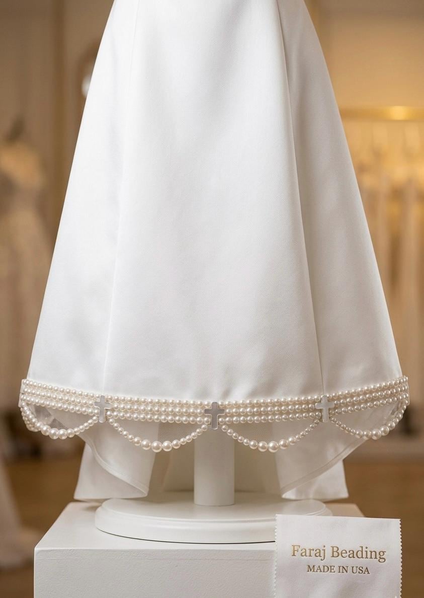 Faux Pearl Cross and scallops Trim – Self Adhesive Pearl Lace For Baptism, Communion Dress, and religious events trim. Made in USA - Faraj Beading