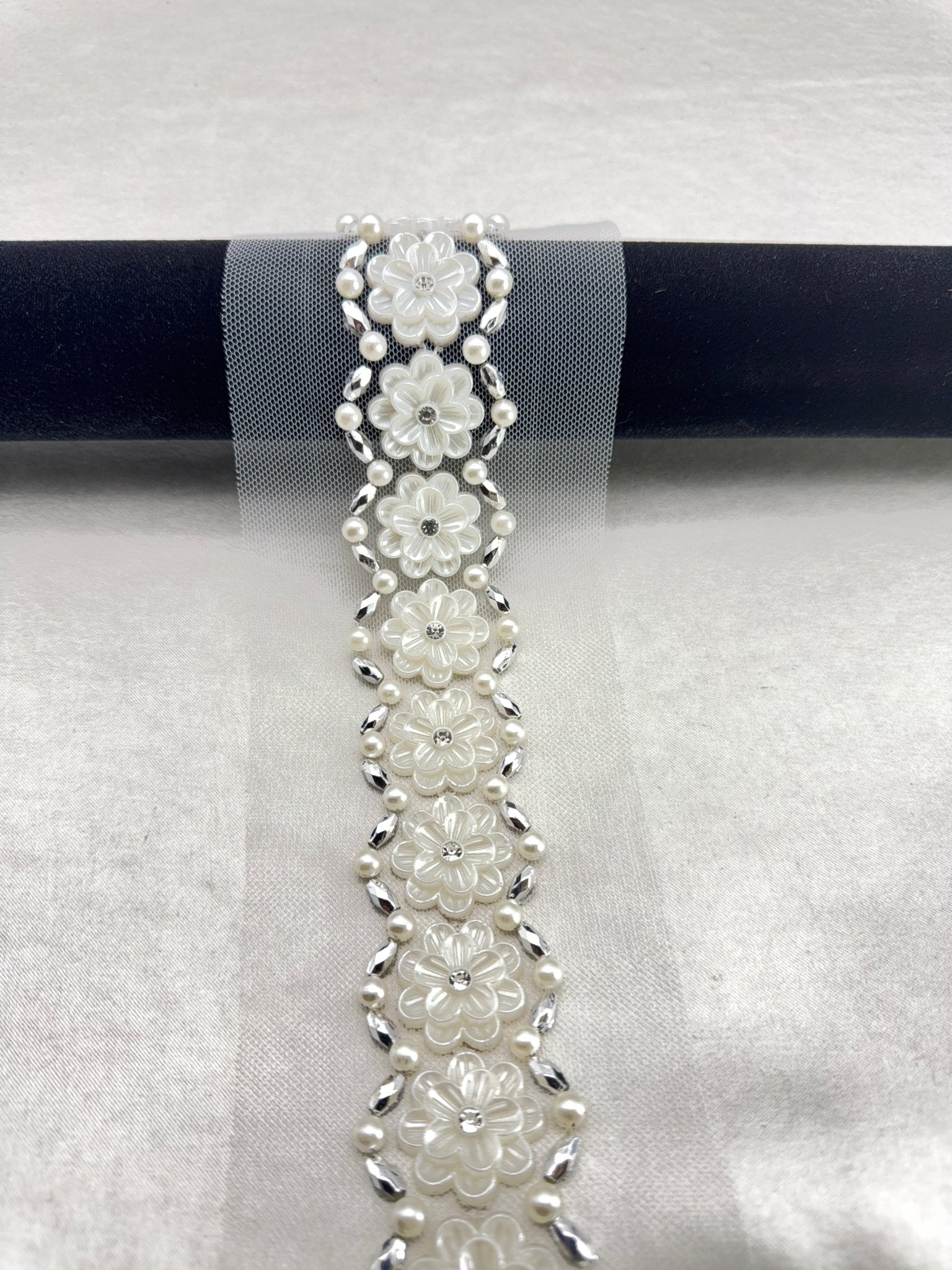 Floral Pearl Beaded Trim – Rhinestone Flower Appliqué Trim – Ivory Bridal Lace Trim – Self Adhesive or Sew On – Made in USA - Faraj Beading
