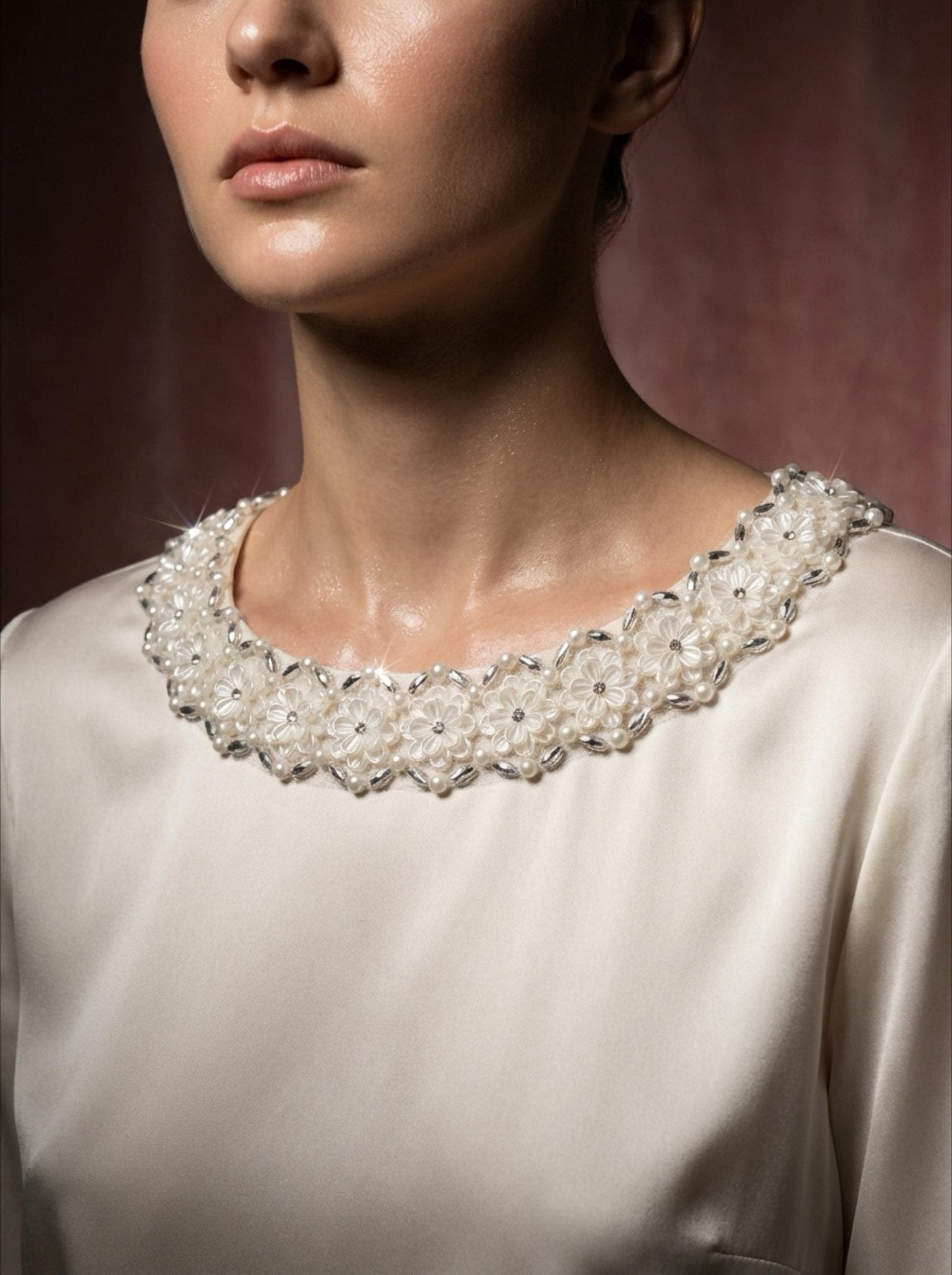 Floral Pearl Beaded Trim – Rhinestone Flower Appliqué Trim – Ivory Bridal Lace Trim – Self Adhesive or Sew On – Made in USA - Faraj Beading