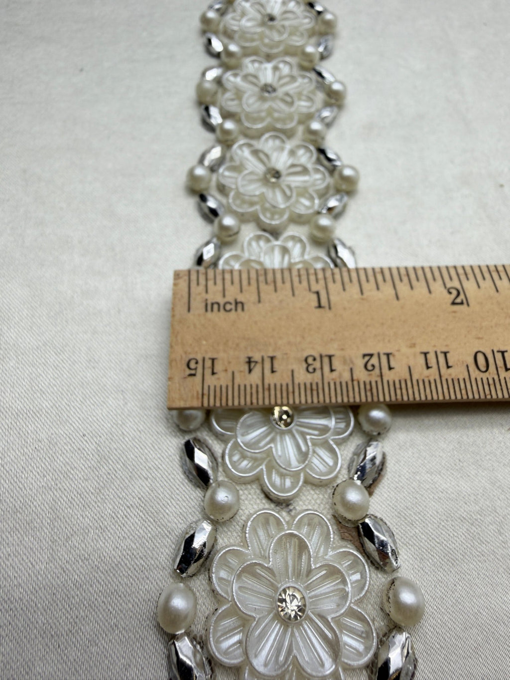 Floral Pearl Beaded Trim – Rhinestone Flower Appliqué Trim – Ivory Bridal Lace Trim – Self Adhesive or Sew On – Made in USA - Faraj Beading