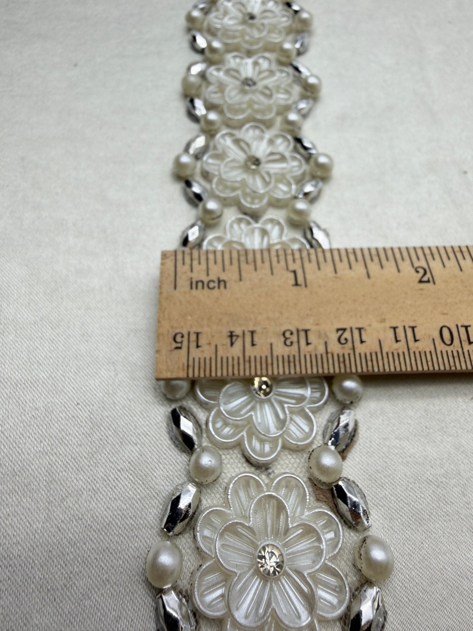 Floral Pearl Beaded Trim – Rhinestone Flower Appliqué Trim – Ivory Bridal Lace Trim – Self Adhesive or Sew On – Made in USA - Faraj Beading