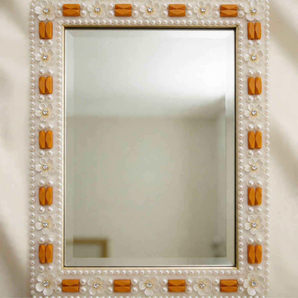 Ivory Pearl & Orange Beaded Trim with Floral Crystal – Self Adhesive or Sew-On Seam Allowance – Boho Trim for Dress, Collar, DIY, Cuffs