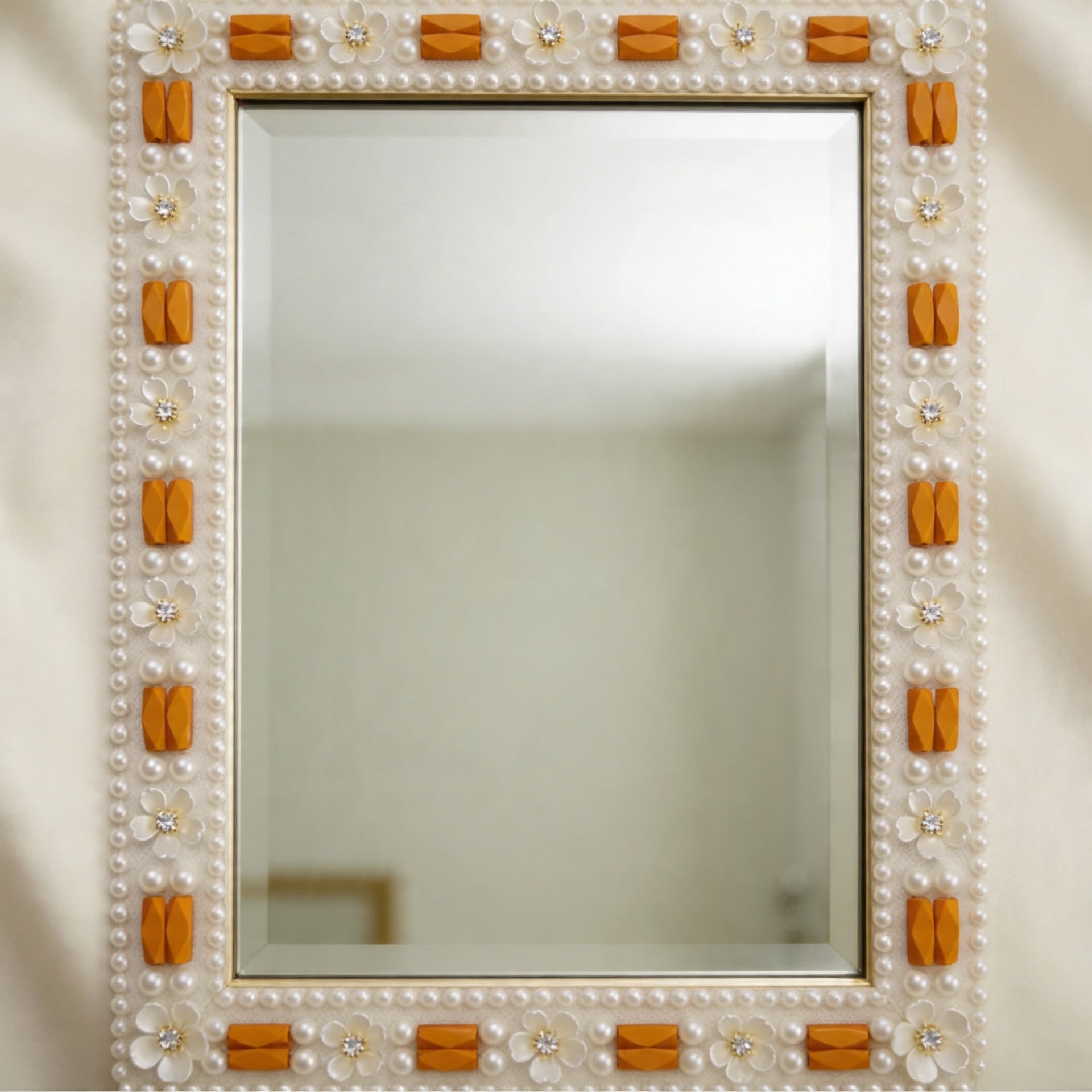Ivory Pearl & Orange Beaded Trim with Floral Crystal – Self Adhesive or Sew-On Seam Allowance – Boho Trim for Dress, Collar, DIY, Cuffs