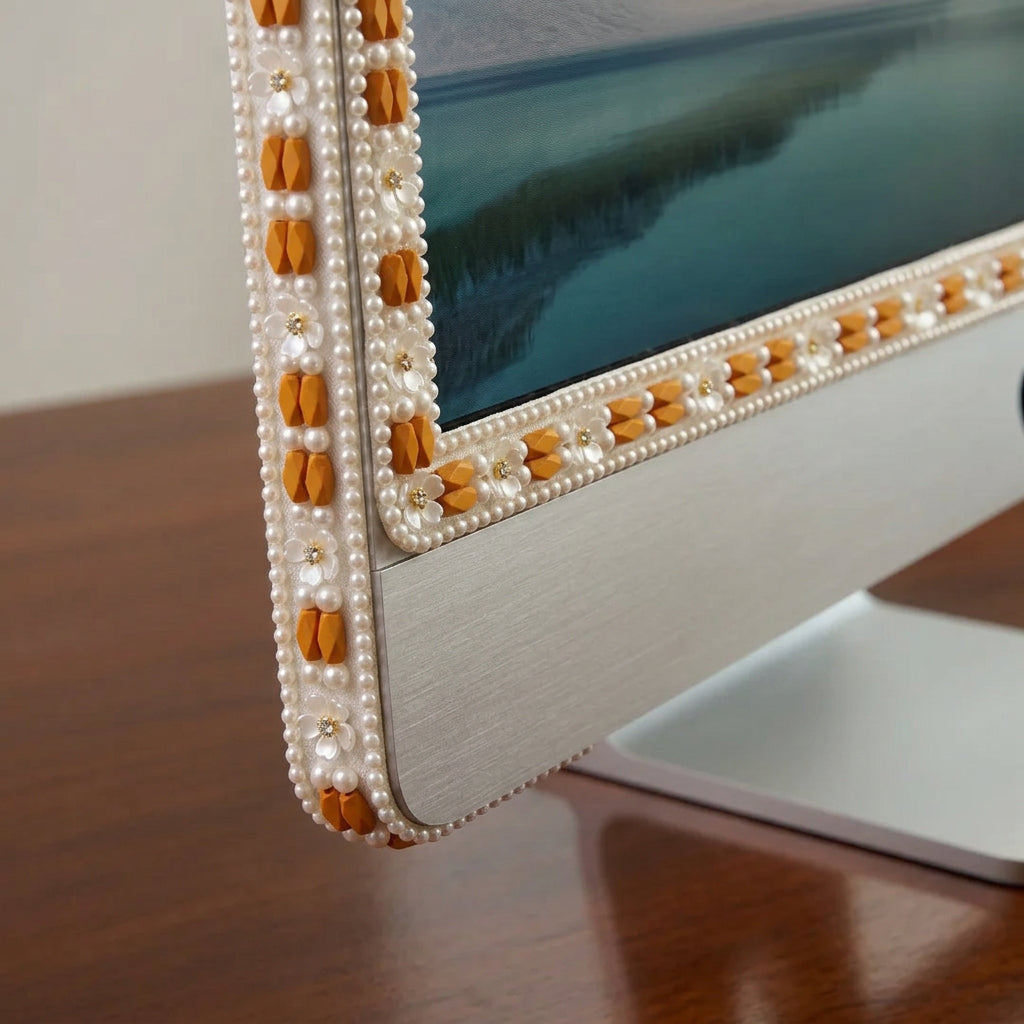 Ivory Pearl & Orange Beaded Trim with Floral Crystal – Self Adhesive or Sew-On Seam Allowance – Boho Trim for Dress, Collar, DIY, Cuffs
