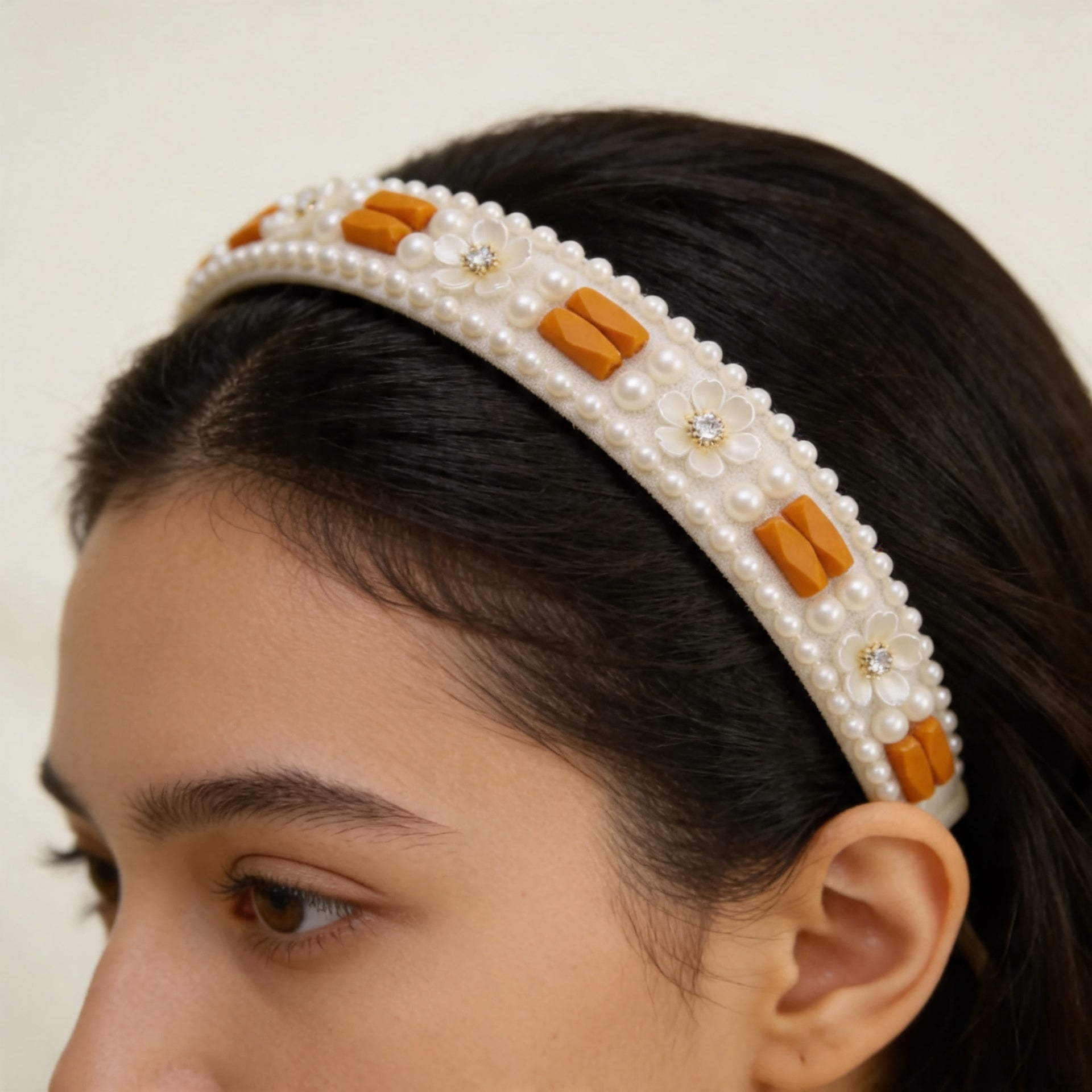 Ivory Pearl & Orange Beaded Trim with Floral Crystal – Self Adhesive or Sew-On Seam Allowance – Boho Trim for Dress, Collar, DIY, Cuffs