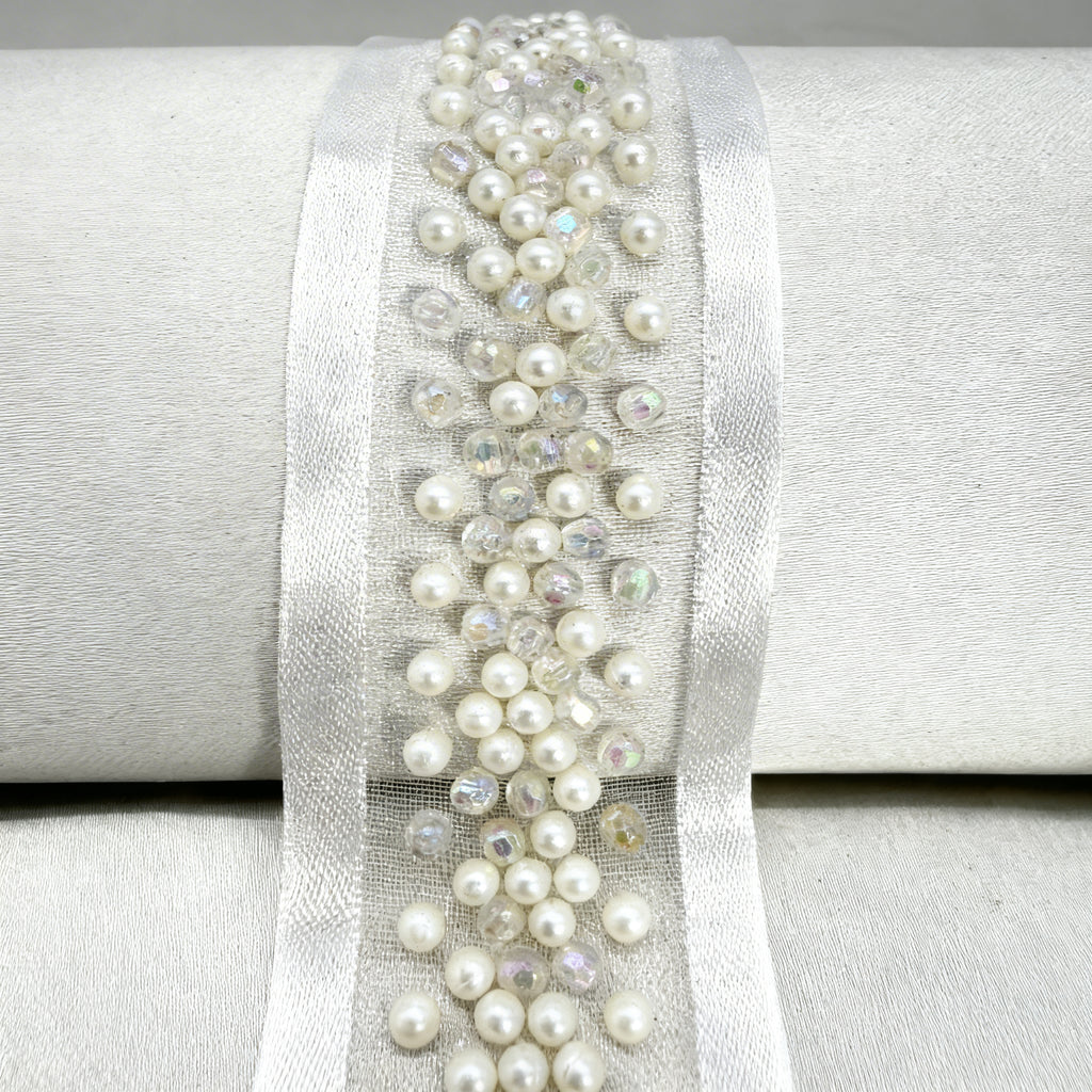 Pearl Beaded Trim – Ivory or Champagne Bridal Trim – Rhinestone Pearl Ribbon Trim – Self Adhesive or Sew On – Made in USA