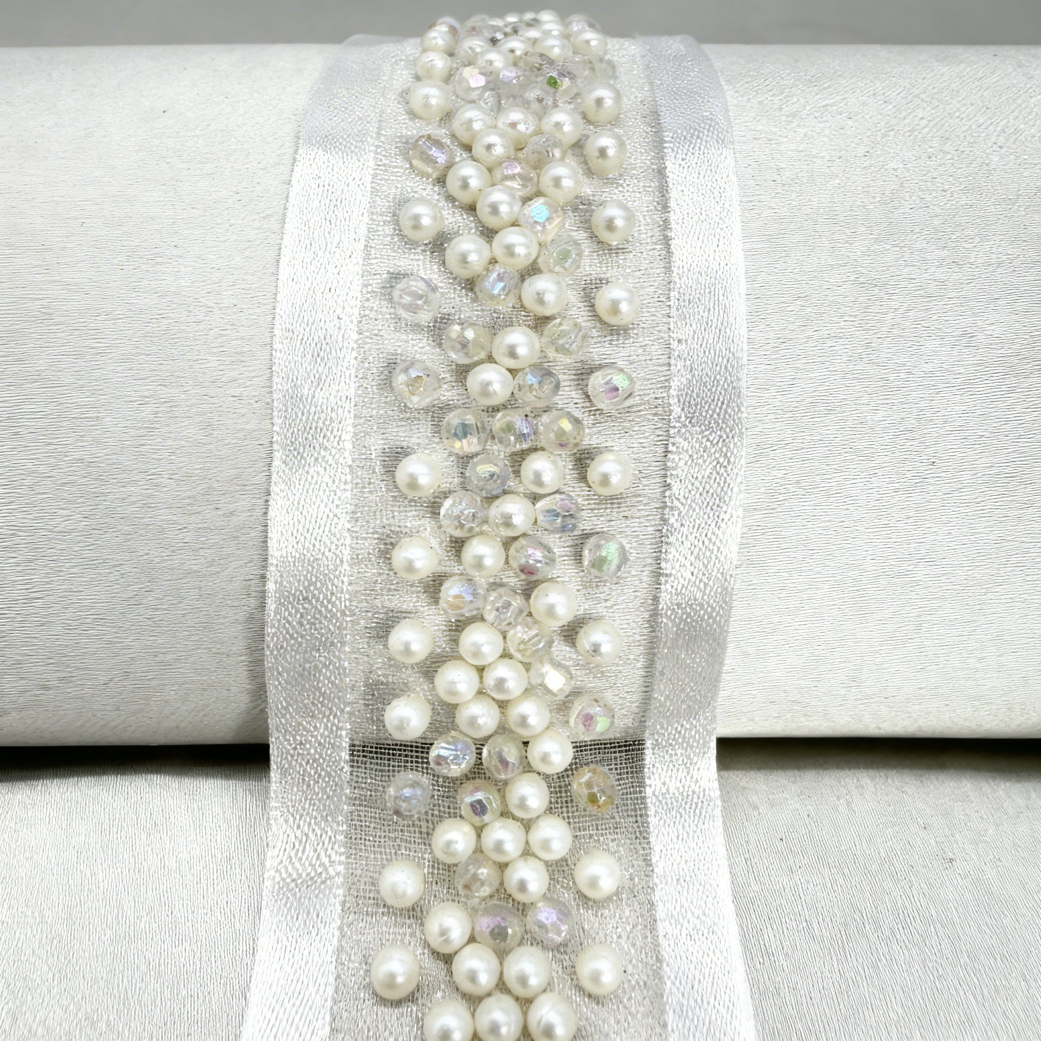 Pearl Beaded Trim – Ivory or Champagne Bridal Trim – Rhinestone Pearl Ribbon Trim – Self Adhesive or Sew On – Made in USA