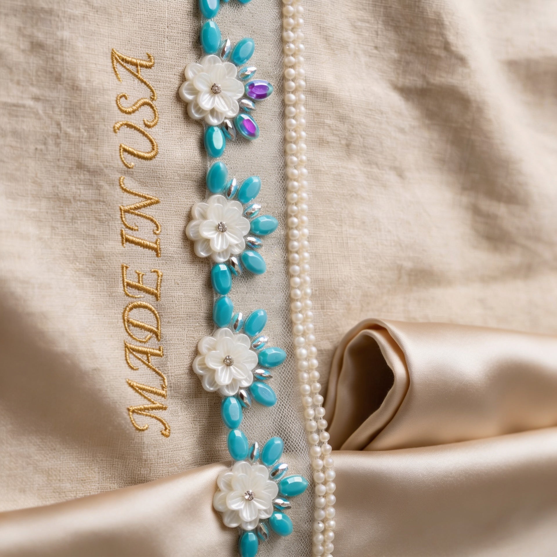 Turquoise Floral Beaded Trim – Pearl Flower Rhinestone Applique – Self Adhesive or Sew-On Seam Allowance – DIY Craft Embellishment