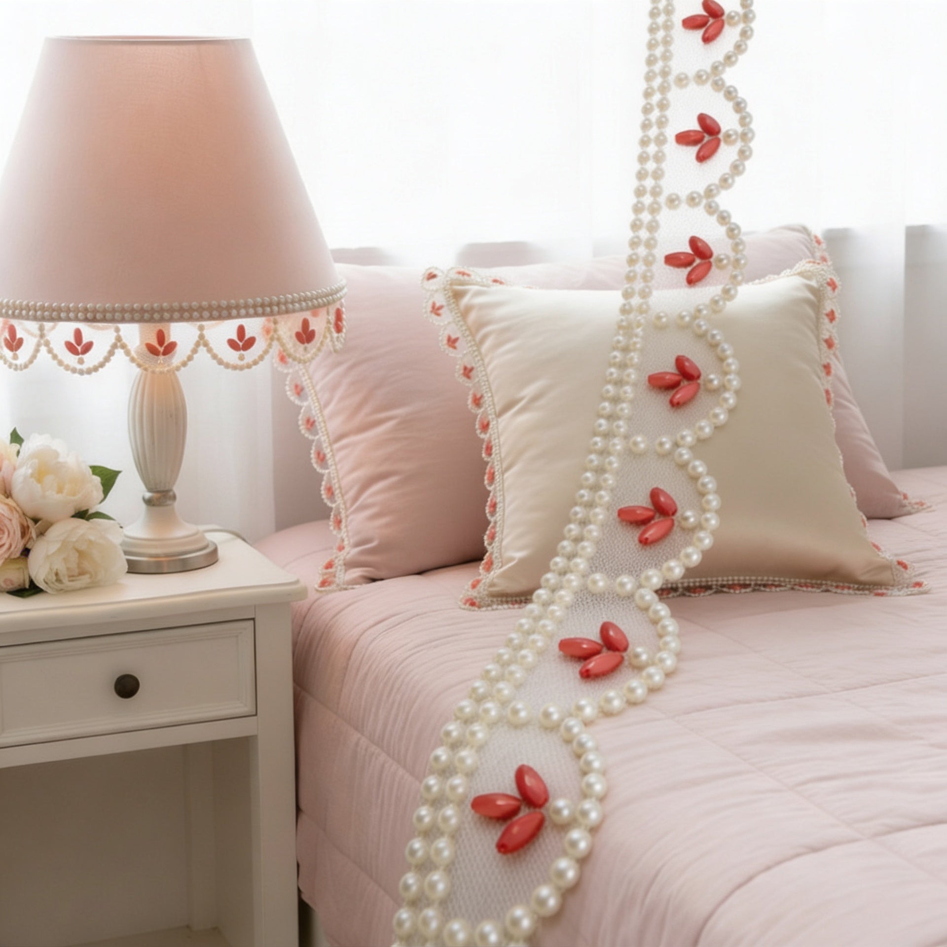 Pearl Scalloped Trim with Coral Beaded Accents - Self Adhesive