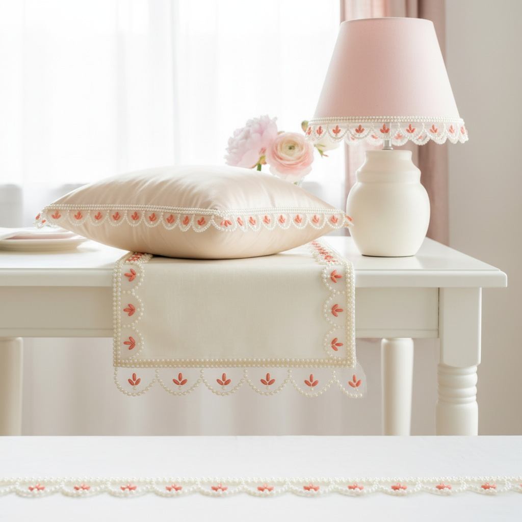Pearl Scalloped Trim with Coral Beaded Accents - Self Adhesive