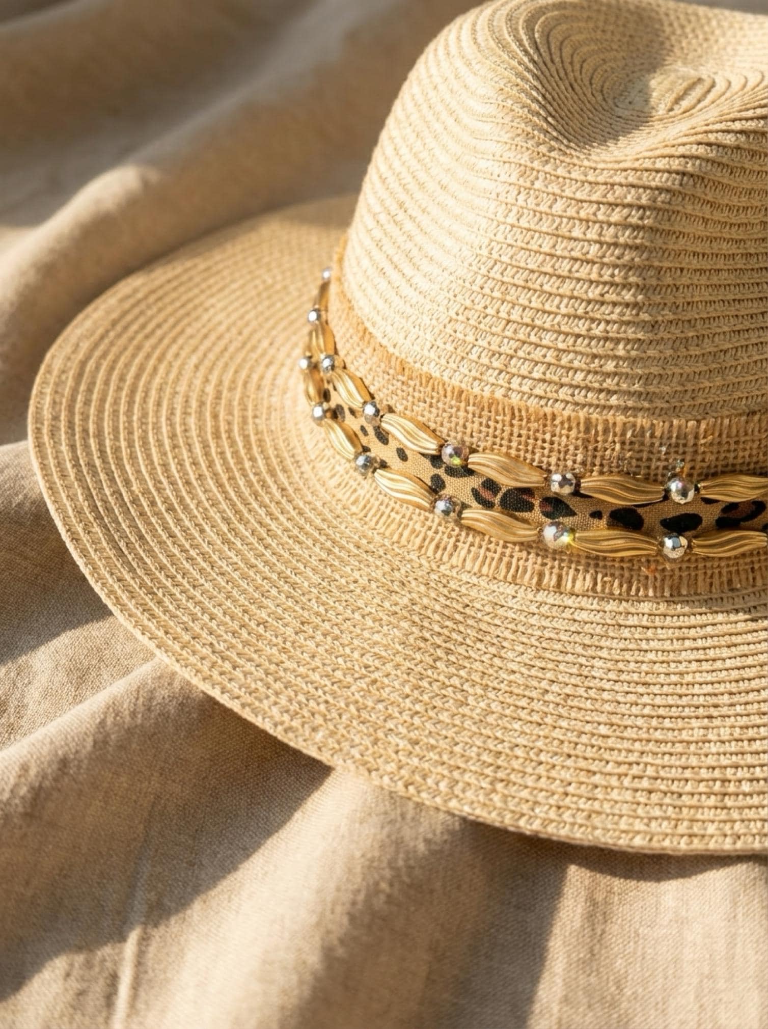 Gold and Silver beads Leopard print on Burlap Base Trim - Faraj Beading