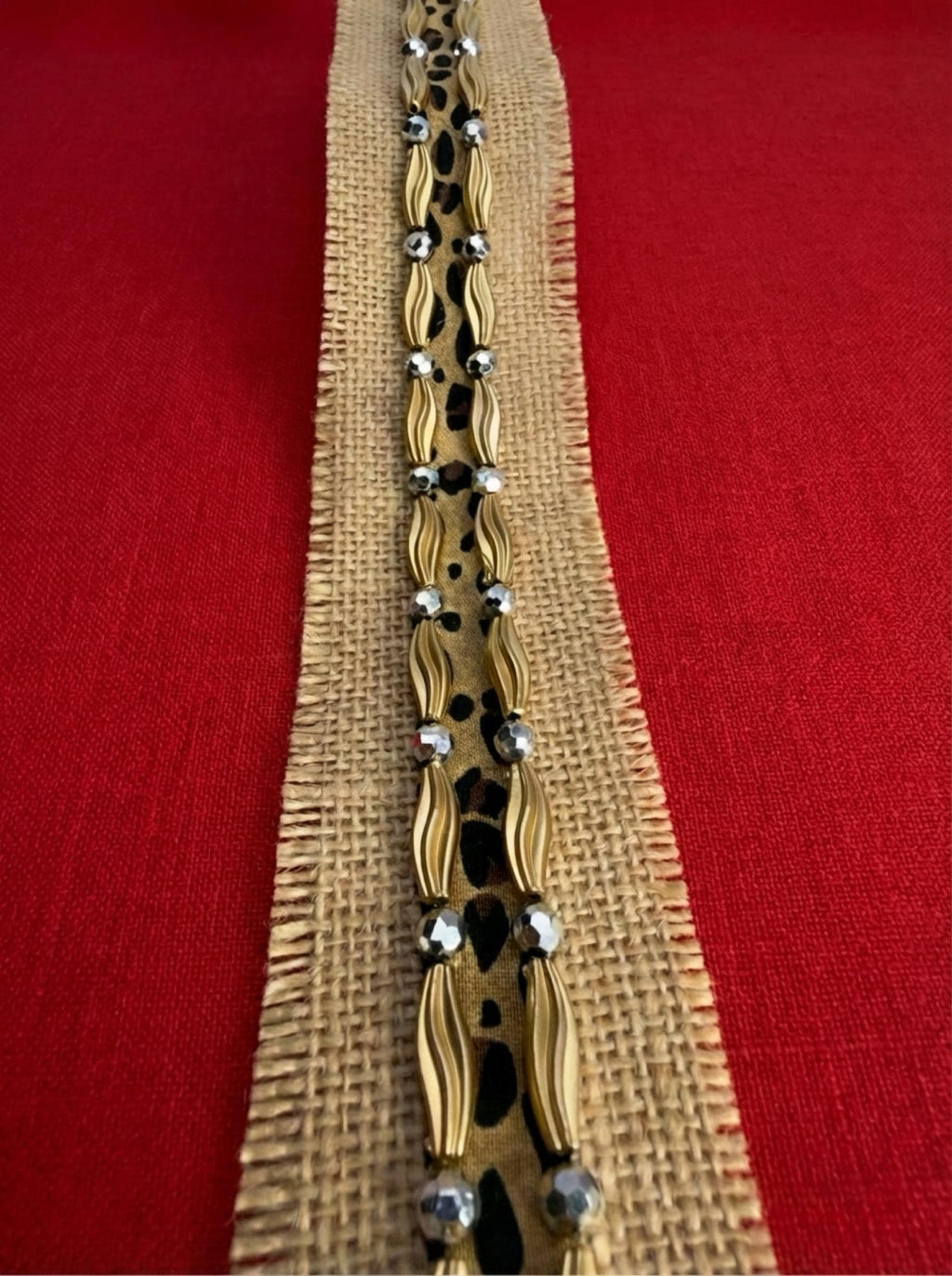 Gold and Silver beads Leopard print on Burlap Base Trim - Faraj Beading