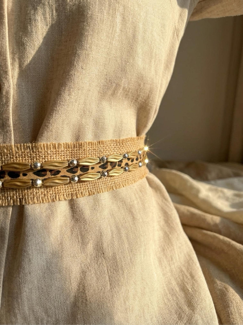 Gold and Silver beads Leopard print on Burlap Base Trim - Faraj Beading