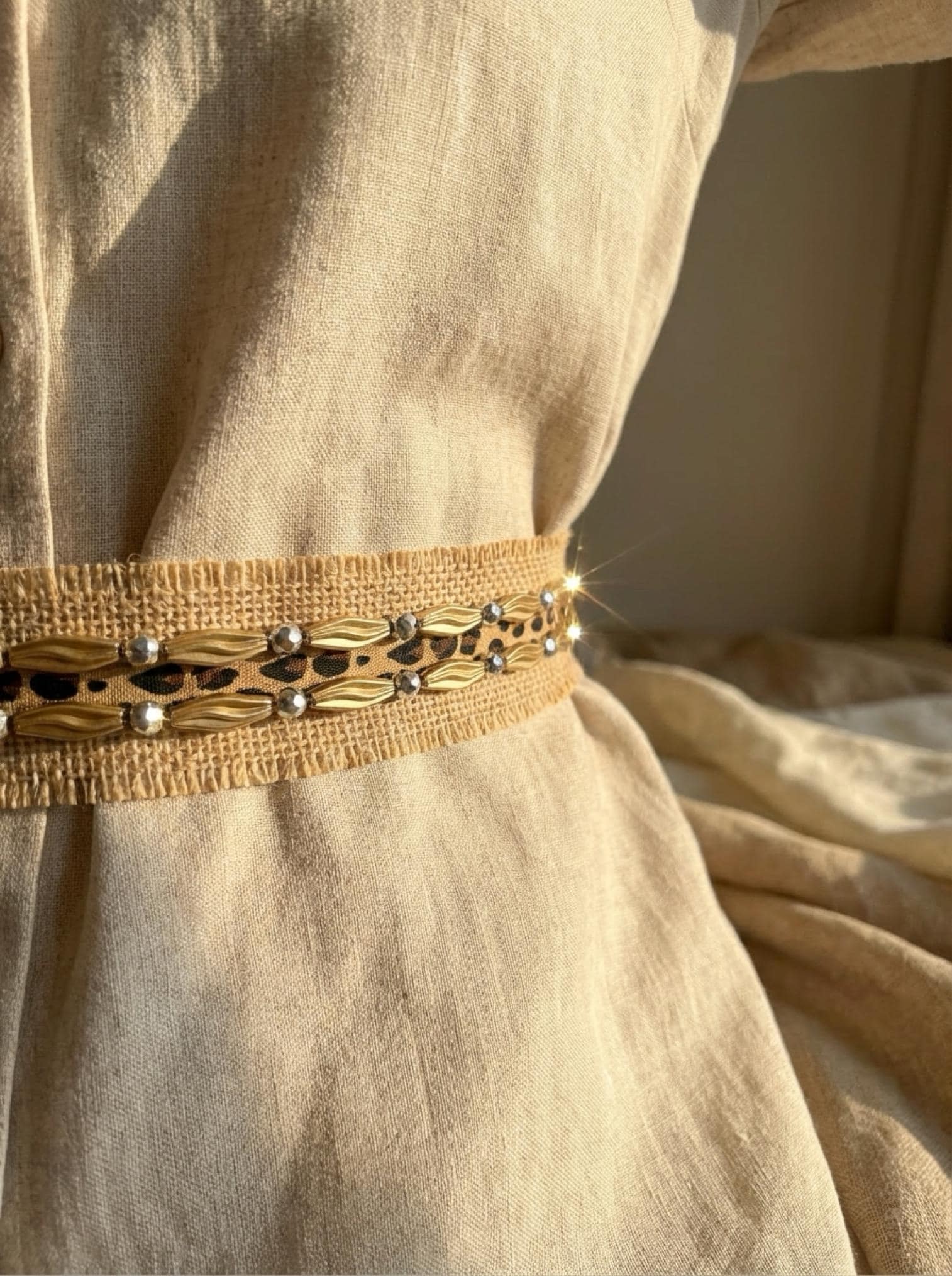 Gold and Silver beads Leopard print on Burlap Base Trim - Faraj Beading
