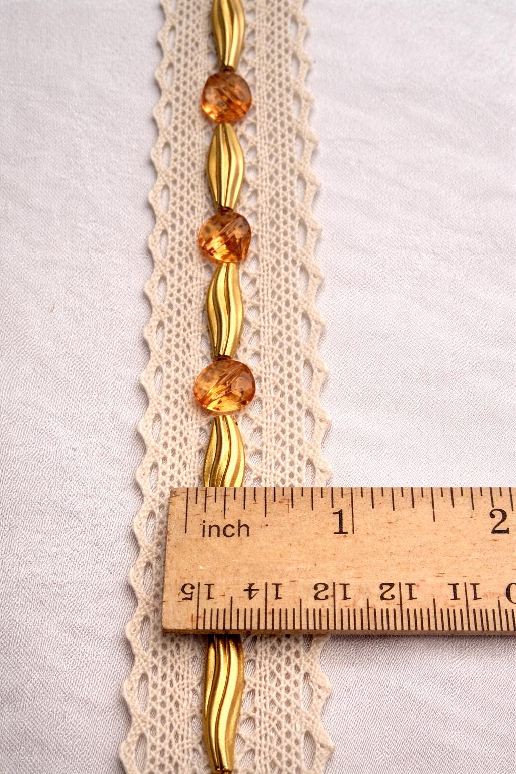 Gold and Topaz Beaded Trim on Ivory cotton Lace with DIY Self Adhesive - Made in USA by Faraj Beading - Faraj Beading