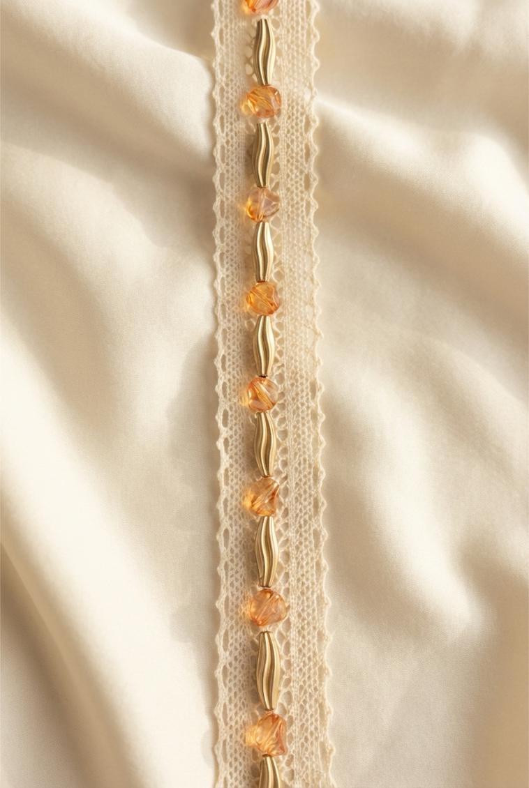 Gold and Topaz Beaded Trim on Ivory cotton Lace with DIY Self Adhesive - Made in USA by Faraj Beading - Faraj Beading