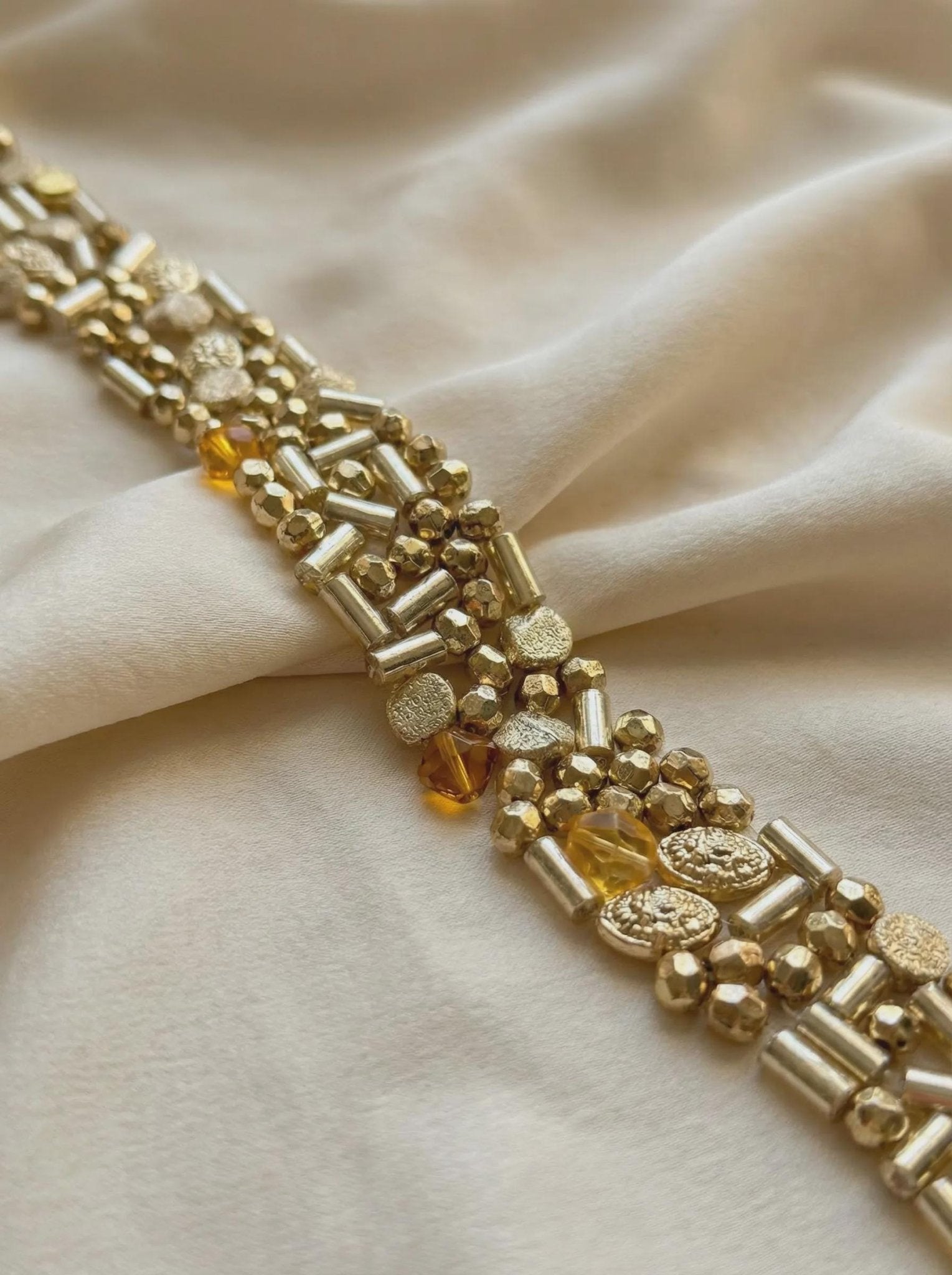 Gold Beaded Trim, Metallic Embellished Trim, Chunky Bead Lace Trim, Statement Trim for Sewing or Self Adhesive by the Yard - Made in USA - Faraj Beading