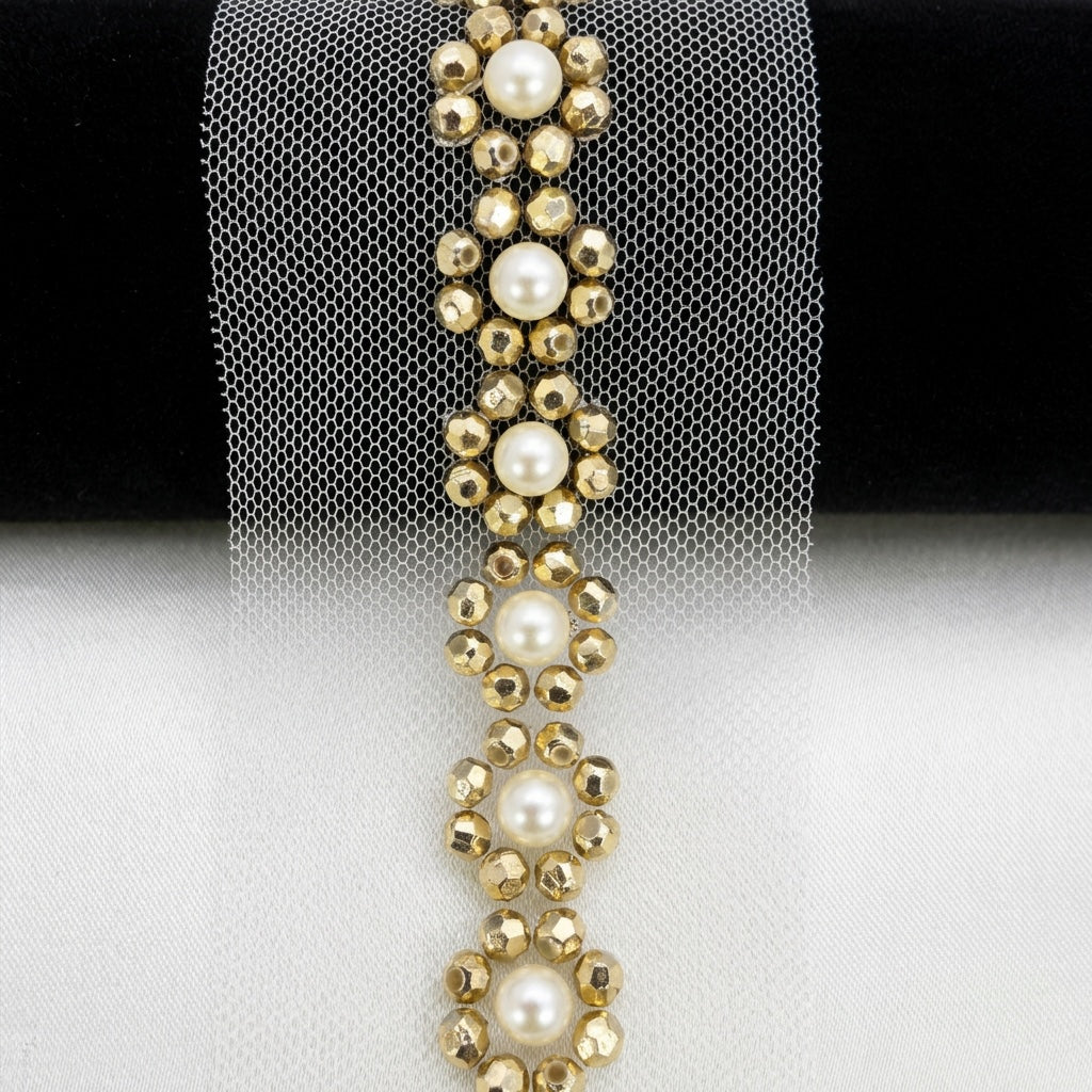 Pearl Beaded Floral Trim by the Yard, Self Adhesive or Sew-On Trim, Rhinestone Flower Trim Options, Bridal, DIY Embellishment - Made In USA
