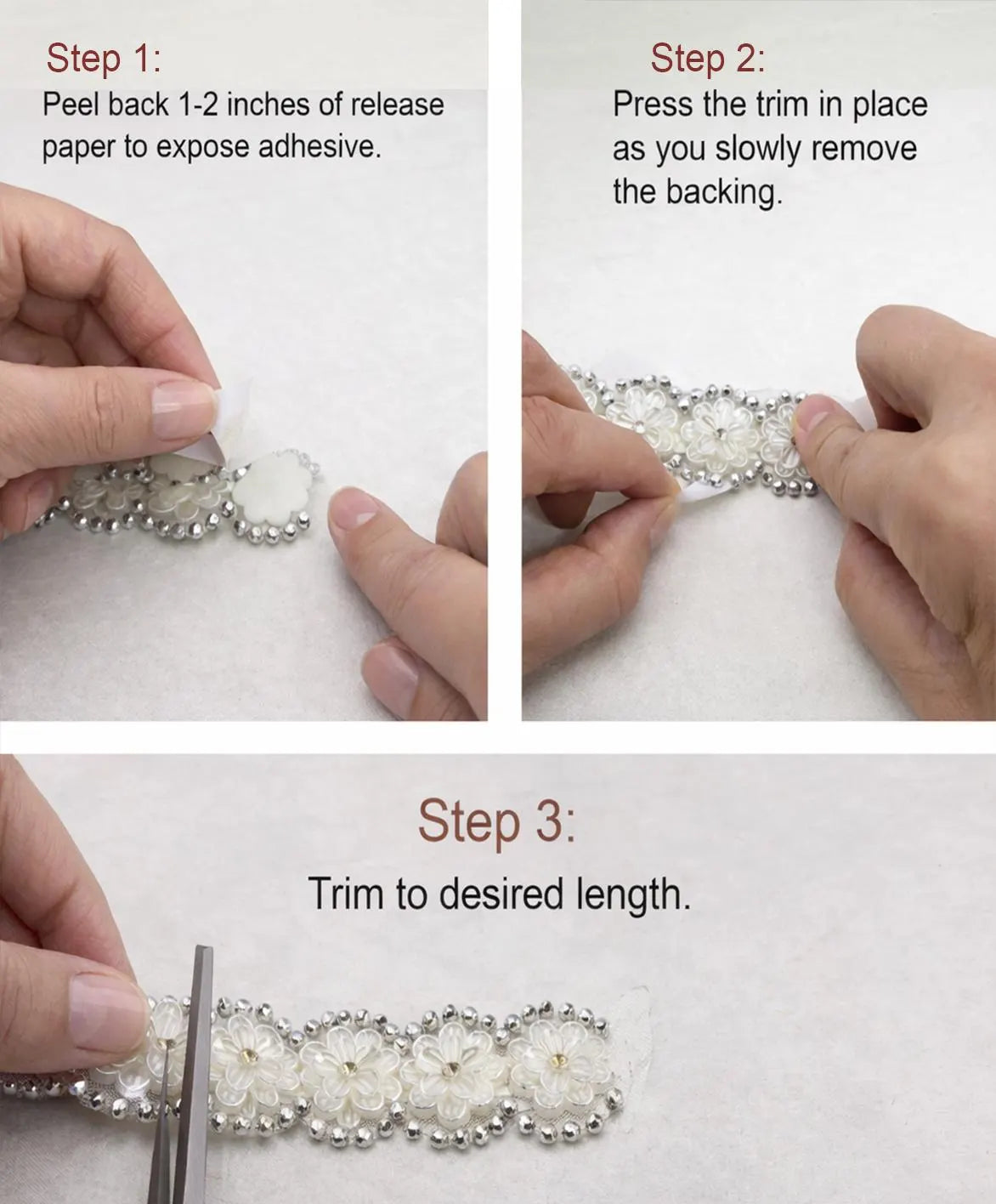 Ivory Floral Pearl Rhinestone Trim – Self Adhesive Wide Beaded Flower Lace, Bridal Trim, Luxury Sewing Trim