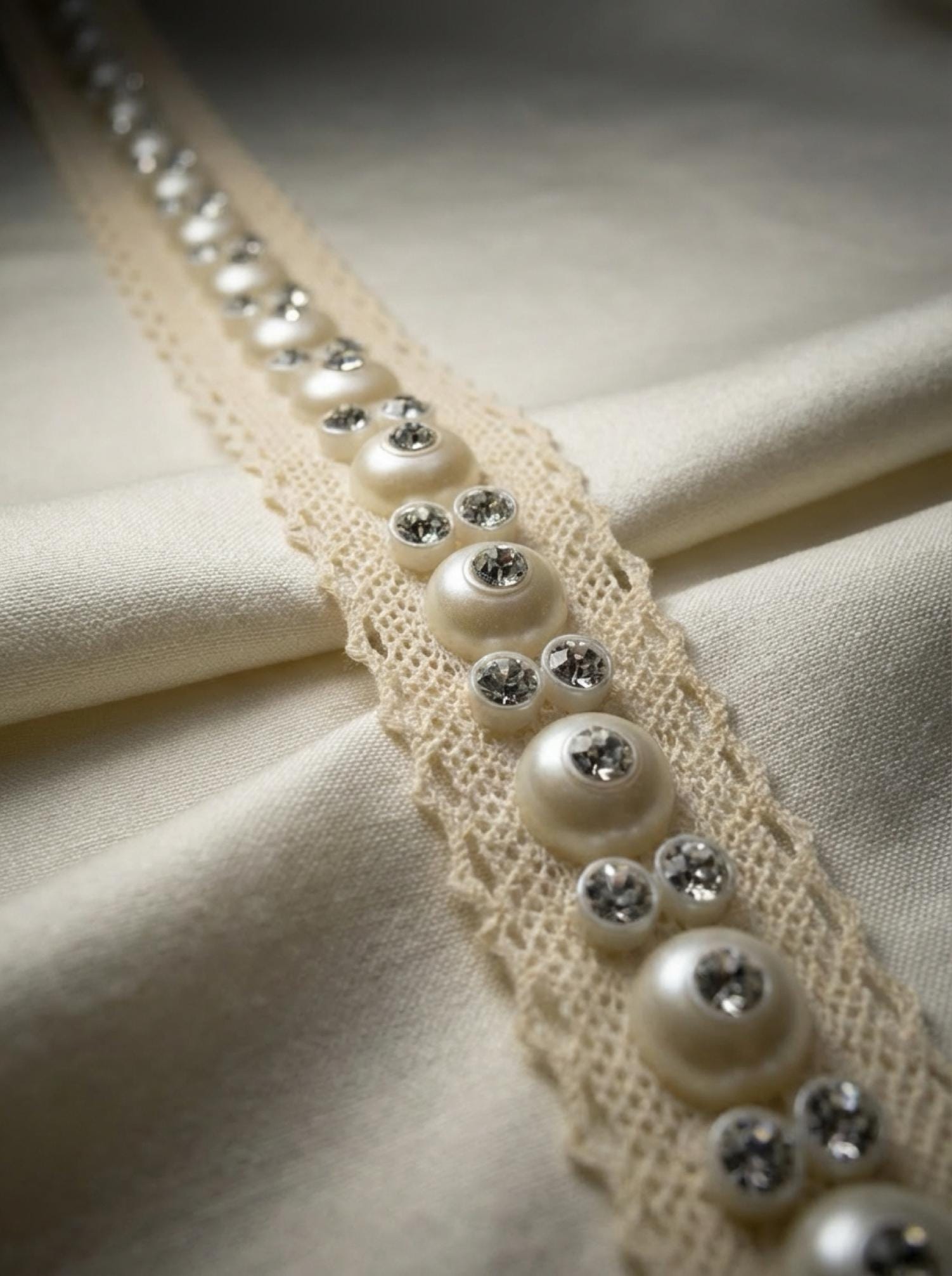 Ivory Pearl and Rhinestone Trim with Self Adhesive and Sew on Backing -cotton lace