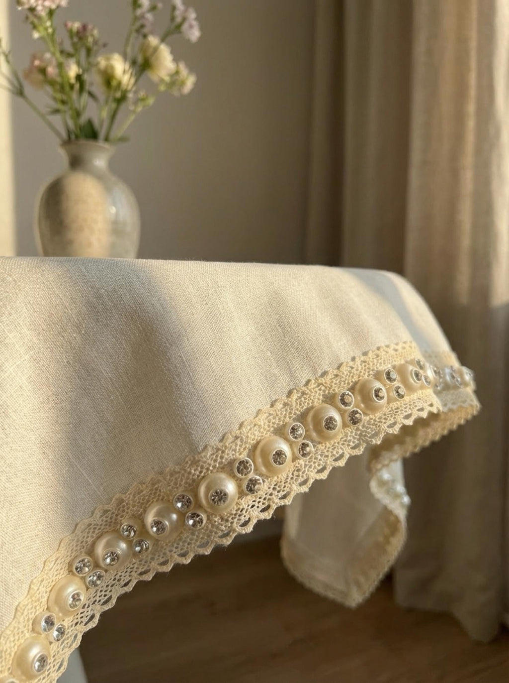 Ivory Pearl and Rhinestone Trim with Self Adhesive and Sew on Backing -cotton lace