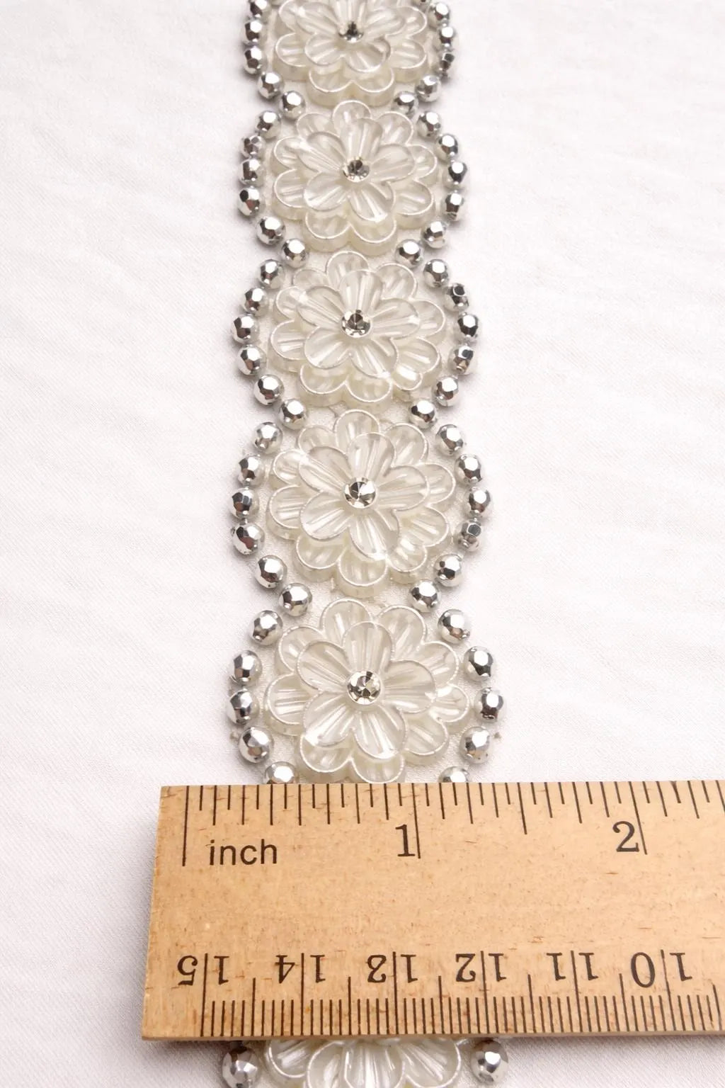 Ivory Floral Pearl Rhinestone Trim – Self Adhesive Wide Beaded Flower Lace, Bridal Trim, Luxury Sewing Trim
