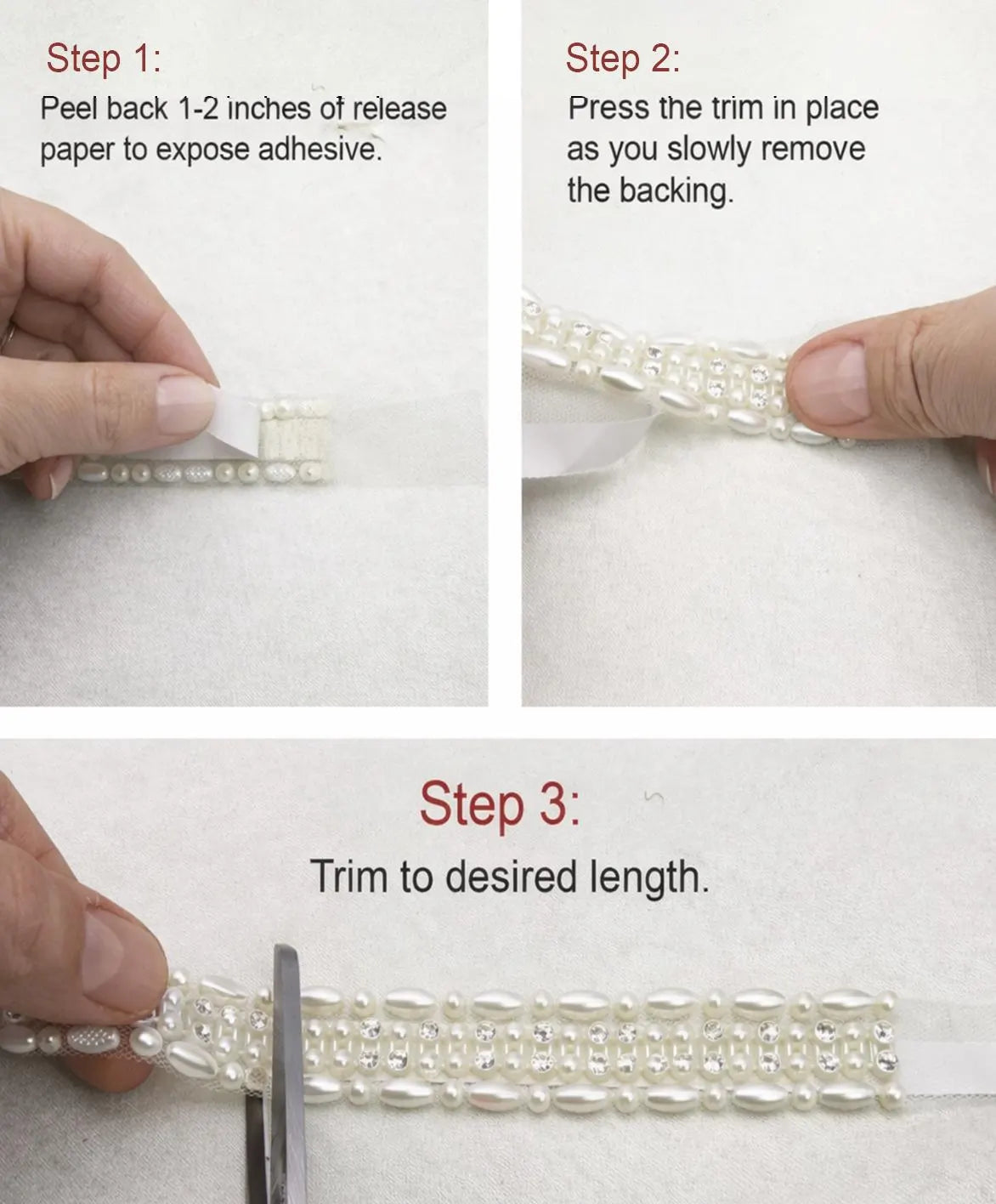 Silver Pearl Rhinestone Trim – Wide Beaded Trim, Bridal Wedding Embellishment, Crystal Trim, Self Adhesive or Sew On, 1” Seam Allowance