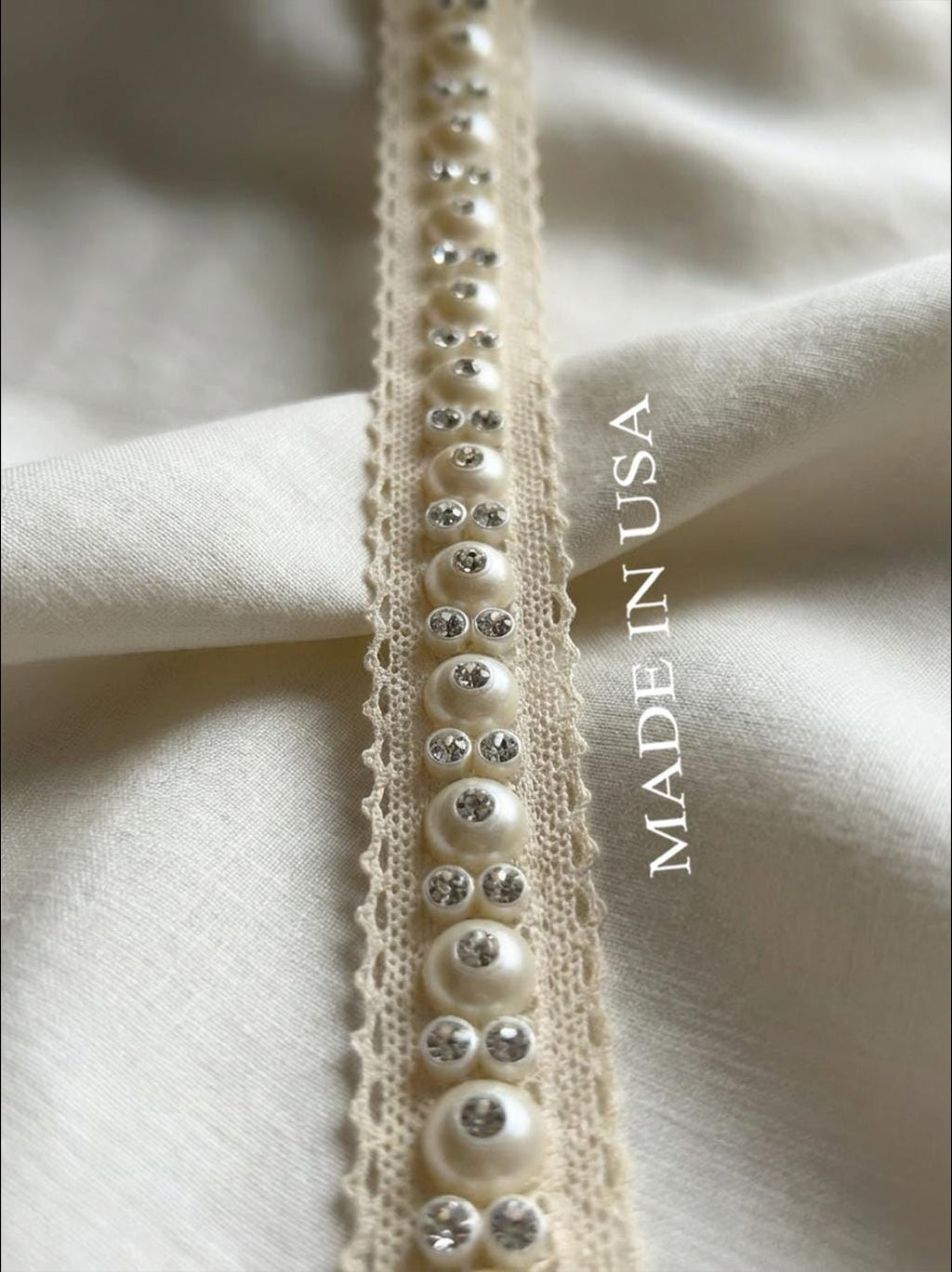 Ivory Pearl and Rhinestone Trim with Self Adhesive and Sew on Backing -cotton lace