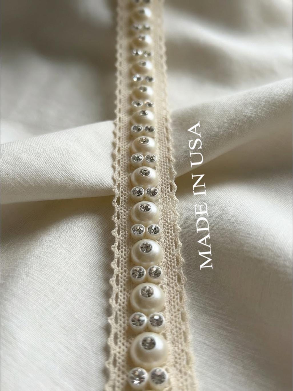 Ivory Pearl and Rhinestone Trim with Self Adhesive and Sew on Backing -cotton lace