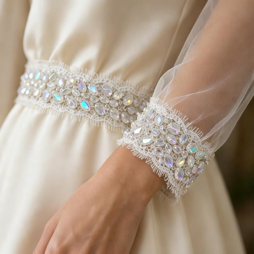 Bridal Lace Beaded Trim, Crystal Rhinestone Applique Trim by the Yard, Wedding Dress Trim, Couture Sewing Embellishment and Self Adhesive