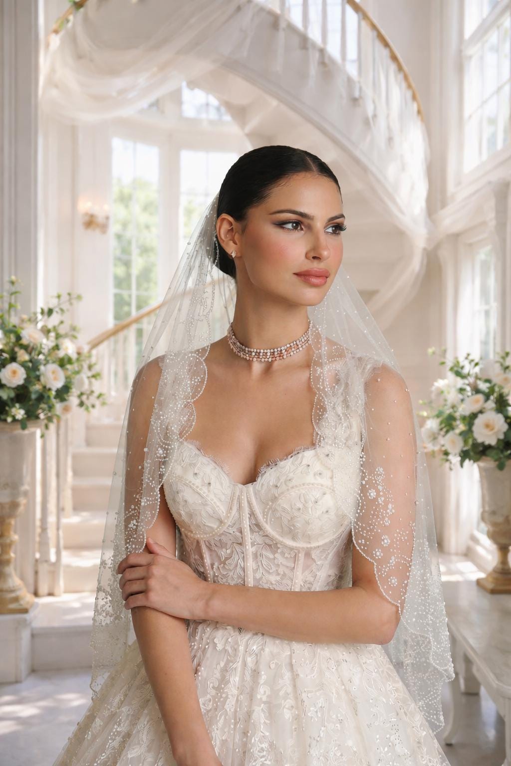 Pearl Scalloped Delicate Bridal Veil